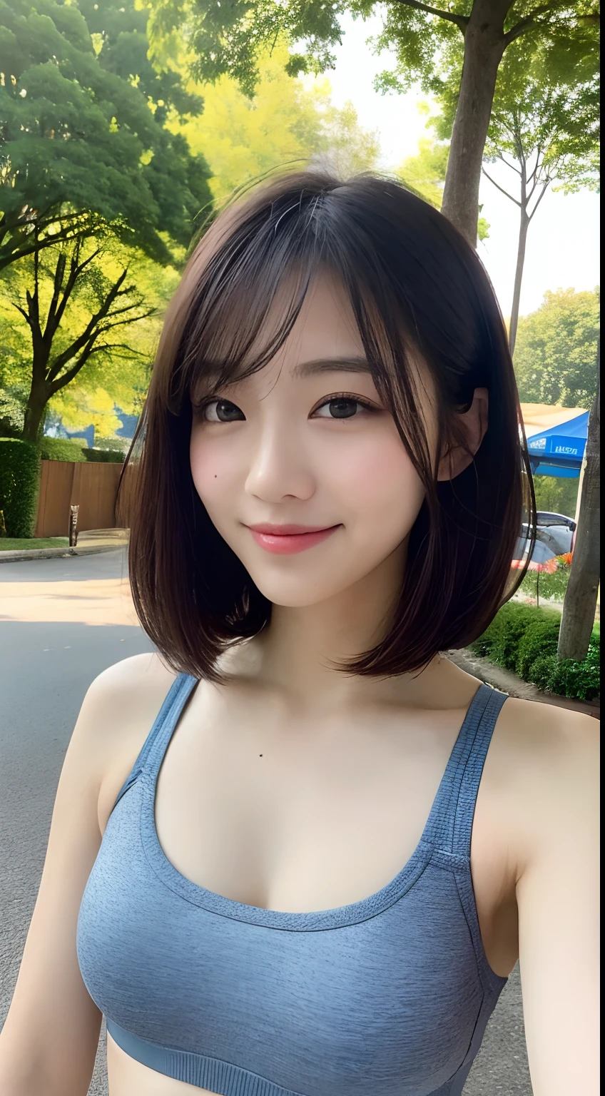 ((Top Quality, 8k, Masterpiece: 1.3)), Sharp Focus: 1.2, Perfect Body Shape Pretty Woman: 1.4, Slender Abs: 1.2, (Layered Haircut, Big: 1.8), (Sports Bra: 2.0), (Jogging: 1.8), (Street: 1.2), Highly Detailed Face and Skin Texture, Detailed Eyes, Double Eyelids, Smile, Bokeh,