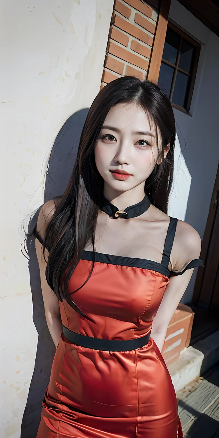 (qipao dress)、1 girl in、(arms behind back:1.1)、(realisitic:1.7)、((top-quality))、absurderes、(超A high resolution)、(Photorealsitic:1.6)、Photorealsitic、octan render、(hyper realisitic:1.2)、(photorealiscic face:1.2)、(8K)、(4K)、(masuter piece)、(realistic skin textures)、(illustratio、电影灯光、wall-paper)、(beautidful eyes:1.2)、((((face perfect))))、(cute little)、(is standing)、(A dark-haired)、Black eyes、red-lips、(outside of house)、