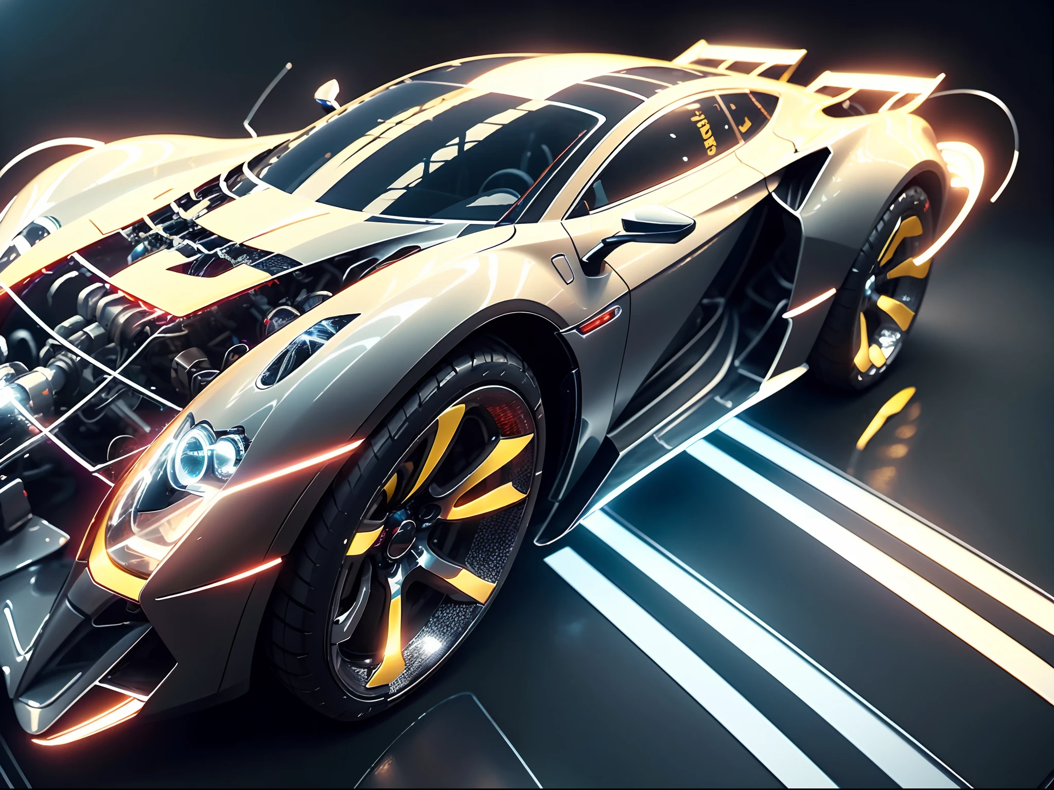Blue sports car, A sense of future technology, Metallic details, Tail thrusters, metallic luster, Cinematic lighting, Streamer effects, light particules
