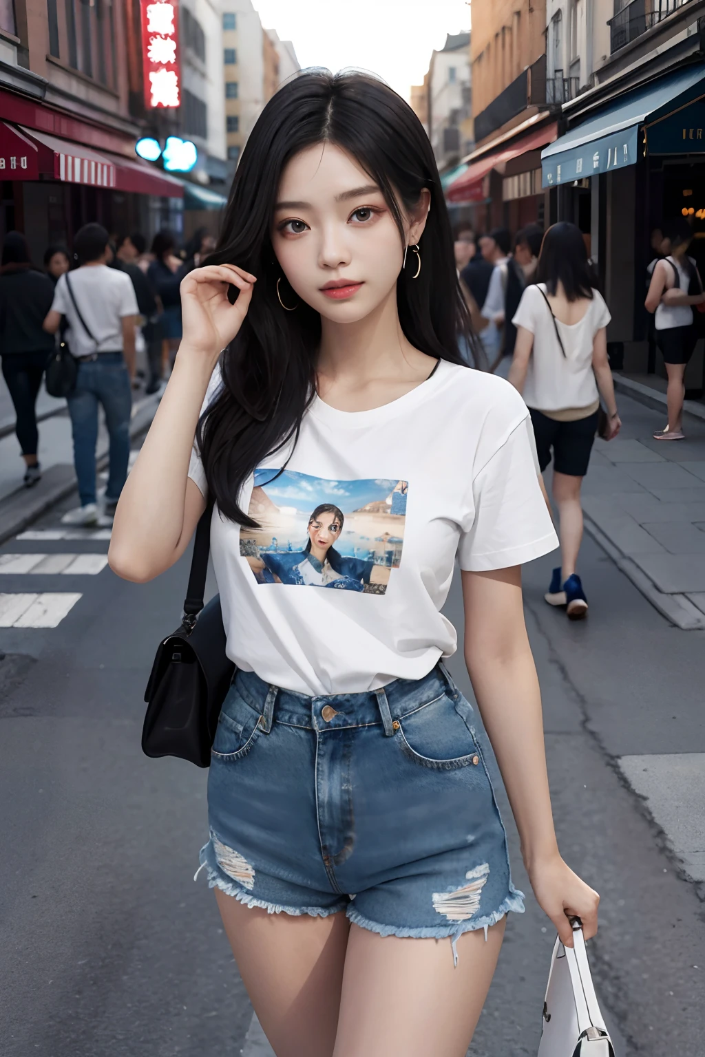 best qualtiy,tmasterpiece,超高分辨率,(realisticlying:1.4),RAW photogr,(Evening Street),1个Giant Breast Girl,黑The eye,long whitr hair,Light makeup,cparted lips,tiny ears,whitet-shirt,denim short,Beautiful Women with Perfect Figure:1.4, (exteriors,beachside:1.1),the city street,Ultra-fine face,Fine eyes,二重まぶた