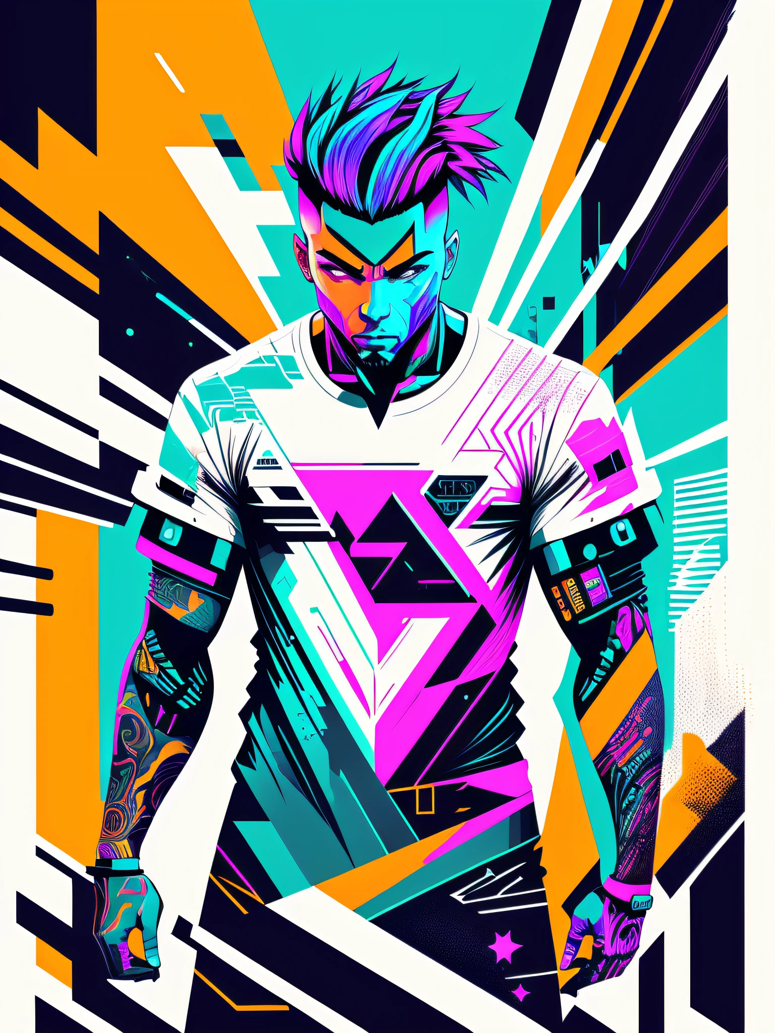 Ready to print vector t-shirt art colorful graffiti illustration of a futuristic soldier, futuristic cyberpunk city background, realistic picture style, image on white background, centered