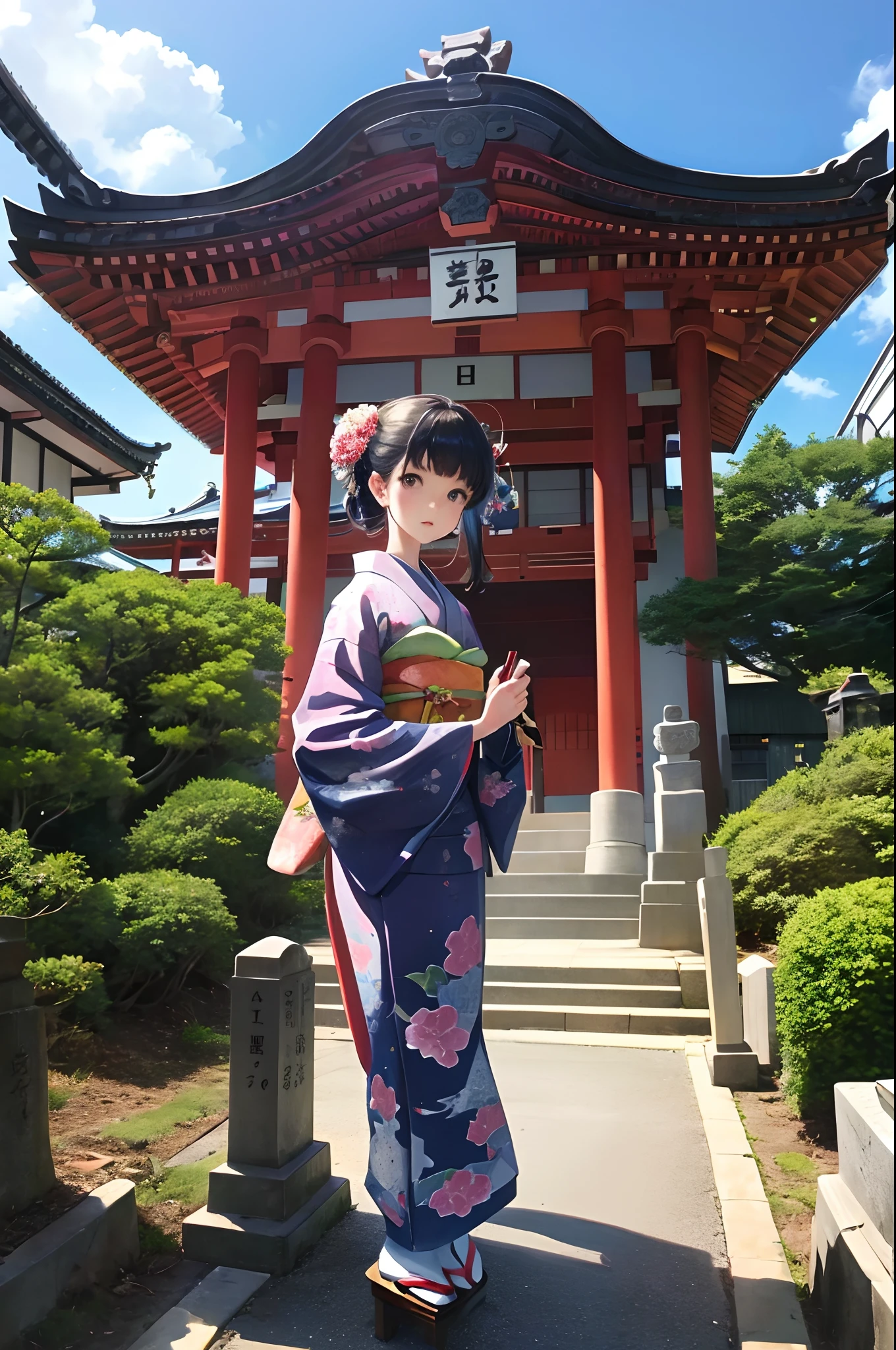 japanese temples、Visiting graves、 Realistic kimono woman、Holding incense sticks、Woman visiting the grave、Raw foto、Photorealsitic、realisitic、absurderes、hight resolution、landscapes、Girl standing in front of Japan temple