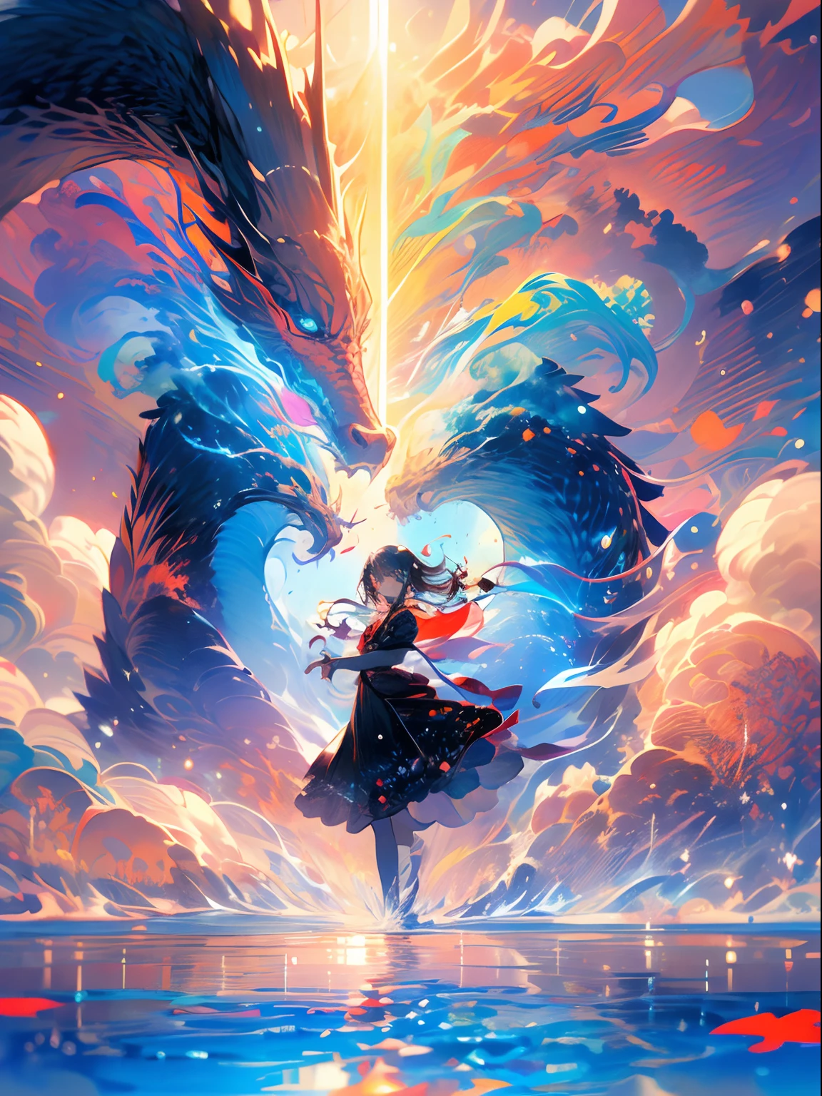 1girl,sololong hair,floating hair, full body, standing,sundress, water,waves, tsunami,tide,sea, beautiful detailed eyes, {{{masterpiece}}}, {{{best quality}}}, {{ultra-detailed}}, {illustration}, cinematic angle, {beautiful detailed eyes}, extremely detailed, detailed background, detailed face. The wing of the sea is the wave; the wave of the sky is the rain; the salt of the rain falls as hail