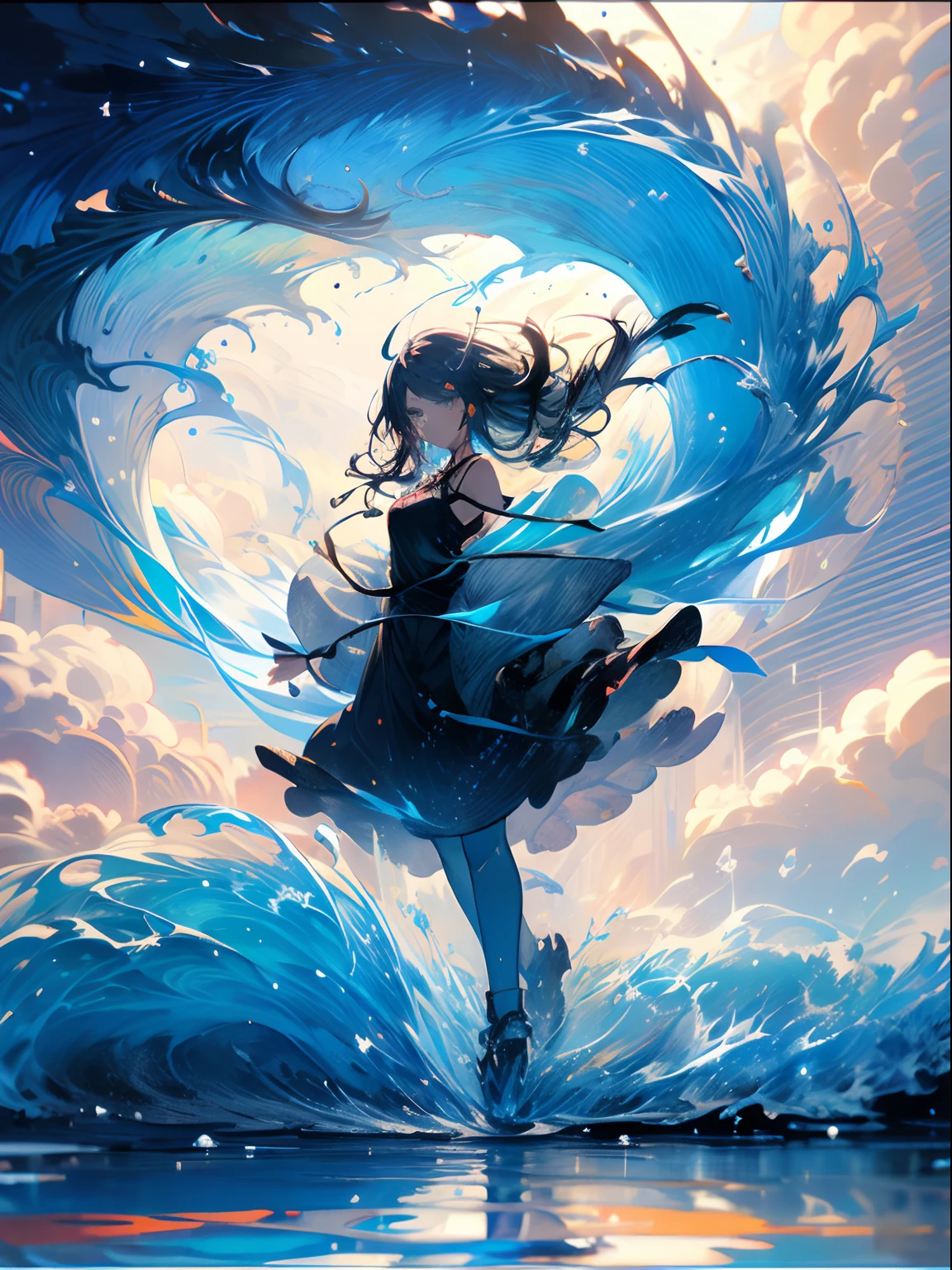 1girl,sololong hair,floating hair, full body, standing,sundress, water,waves, tsunami,tide,sea, beautiful detailed eyes, {{{masterpiece}}}, {{{best quality}}}, {{ultra-detailed}}, {illustration}, cinematic angle, {beautiful detailed eyes}, extremely detailed, detailed background, detailed face. The wing of the sea is the wave; the wave of the sky is the rain; the salt of the rain falls as hail