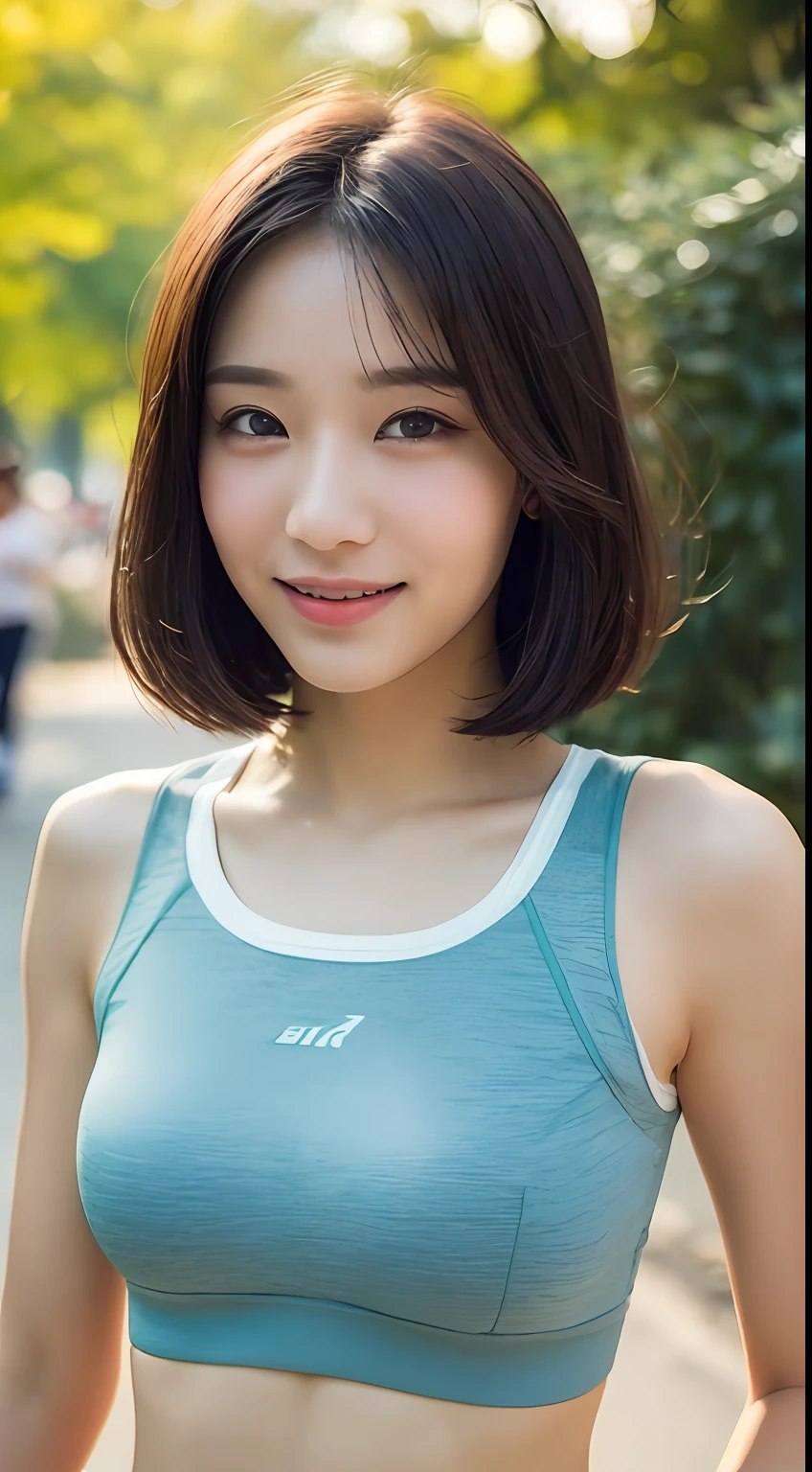 ((Top Quality, 8k, Masterpiece: 1.3)), Sharp Focus: 1.2, Perfect Body Shape Pretty Woman: 1.4, Slender Abs: 1.2, (Layered Haircut, Big: 1.8), (Sports Bra: 2.0), (Jogging: 1.8), (Street: 1.2), Highly Detailed Face and Skin Texture, Detailed Eyes, Double Eyelids, Smile, Bokeh,