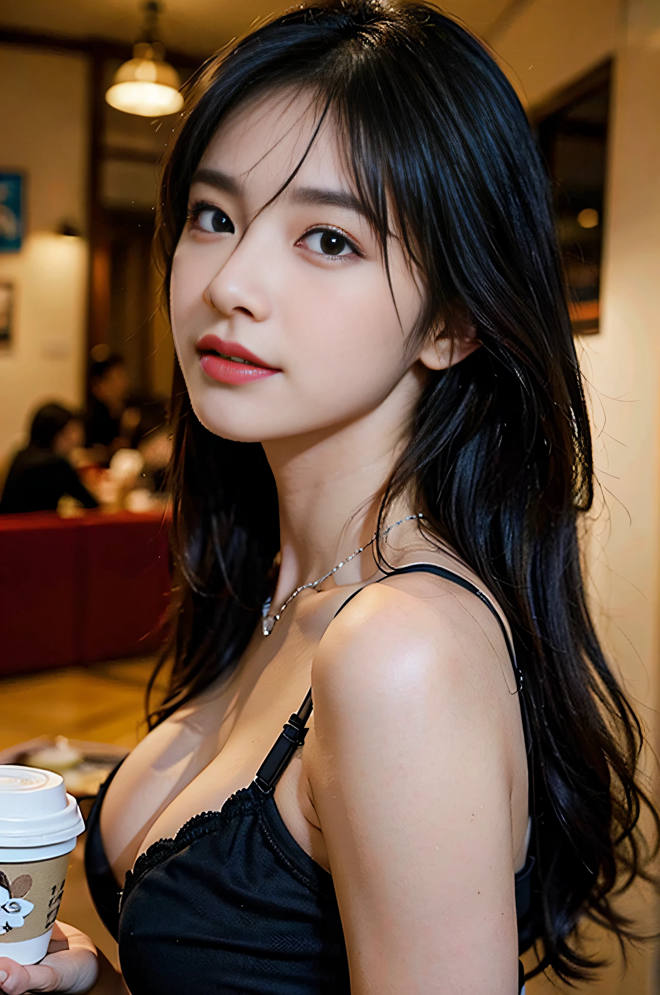 (8k、RAW Photography、top-quality、masterpiece:1.2)、ultra-detailliert、超A high resolution、
(realisitic、Photorealsitic:1.37)、high-definition RAW color photography、professional photograpy、depth of fields、bokeh dof、realistic shadow、Caustics、Natural shading、erfect artwork、photon maping、cinematlic lighting、portlate、HDR、Sigma 85mm f1.4、ISO200、1/125 sec shutter、
Very delicate and beautiful、Very detailed 8k wallpaper、astonishing、detaile、huge filesize、Official Art、the Extremely Detailed CG Unity 8K Wallpapers、production art、
Very detailed beautiful girl、extra detailed face、extremely detailed eye、highlydetailed skin、extremely detailed fingers、highly detailed nose、highly detail mouth、perfect anatomia、highly detailed back ground、Very detailed clothes、high intricate detailed、1girl in、(20yr old:1.2)、Cute little girl s、famous Japan idol、kawaii、(huge tit:1.2), cleavage of the breast, Realistic body, 小柄,fair white skin、shinny skin、slender figures、Good figure、Brown hair、long straight hair、(bluntbangs:1.2)、a smile、cute little、年轻、cute face、cute face、Realistic face、beautifully detailed eyes、drooping eyes、beautiful tbig eyes、large black eyes、Beautiful and clear eyes、(huge tit),(((big eye))),(((Beautiful eyes))),(((long lashes))),
(Black bra、string:1.2)、undergarment、a necklace、耳Nipple Ring、
looking at the viewers、cowboy shot、facing the front there、Standing posture、Contrapo、
inside the house、cafes、coffee shop、