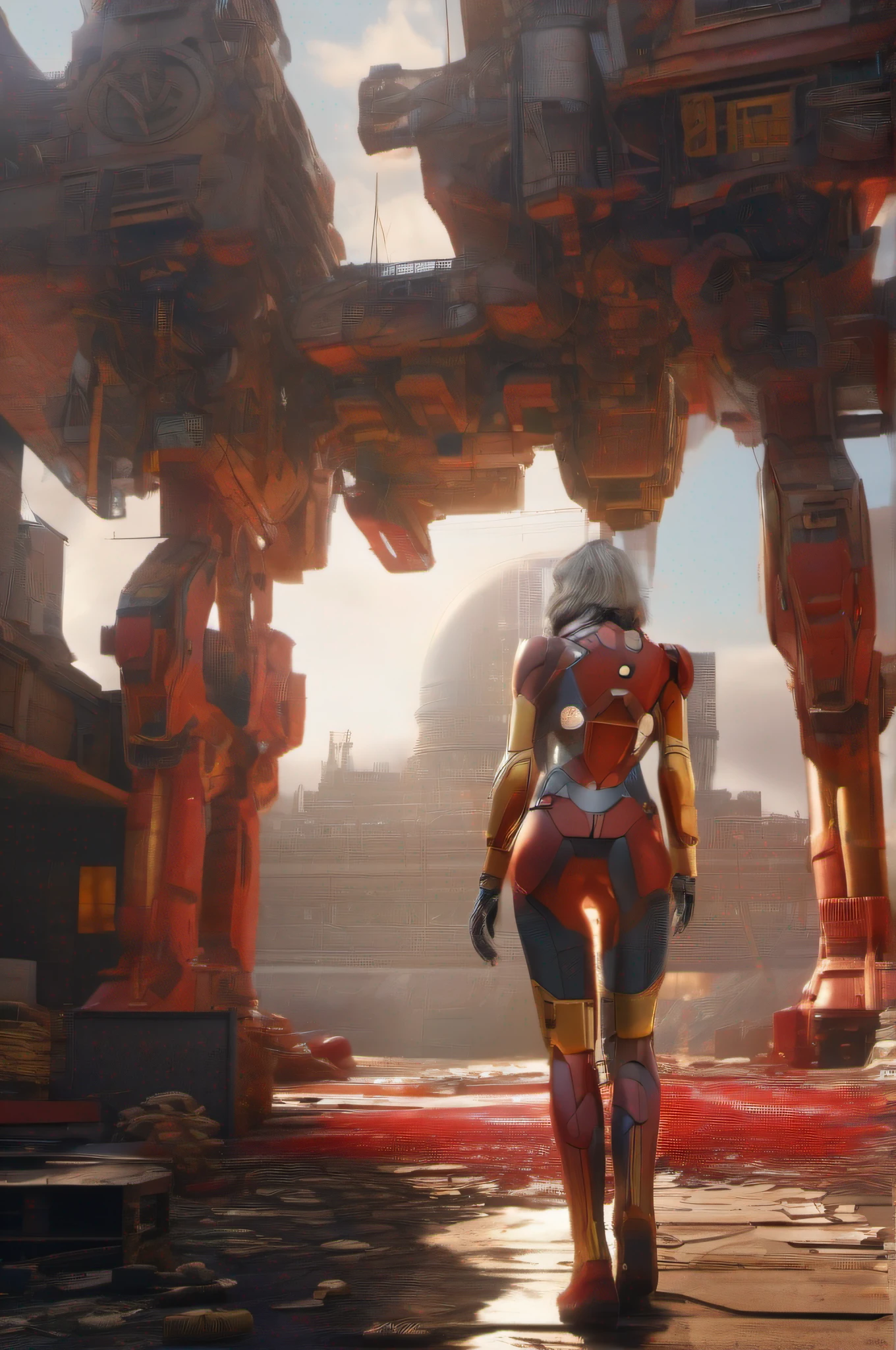 RAW, Masterpiece, Ultra Fine Photo,, Best Quality, Ultra High Resolution, Photorealistic, Sunlight, Full Body Portrait, Stunningly Beautiful,, Dynamic Poses, Delicate Face, Vibrant Eyes, (Side View) , she is wearing a futuristic Iron Man mech, red and gold color scheme, highly detailed abandoned warehouse background, detailed face, detailed and complex busy background, messy, gorgeous, milky white, high detailed skin, realistic skin details, visible pores , sharp focus, volumetric fog, 8k uhd, dslr camera, high quality, film grain, fair skin, photorealism, lomography, sprawling metropolis in futuristic dystopia, view from below, translucent