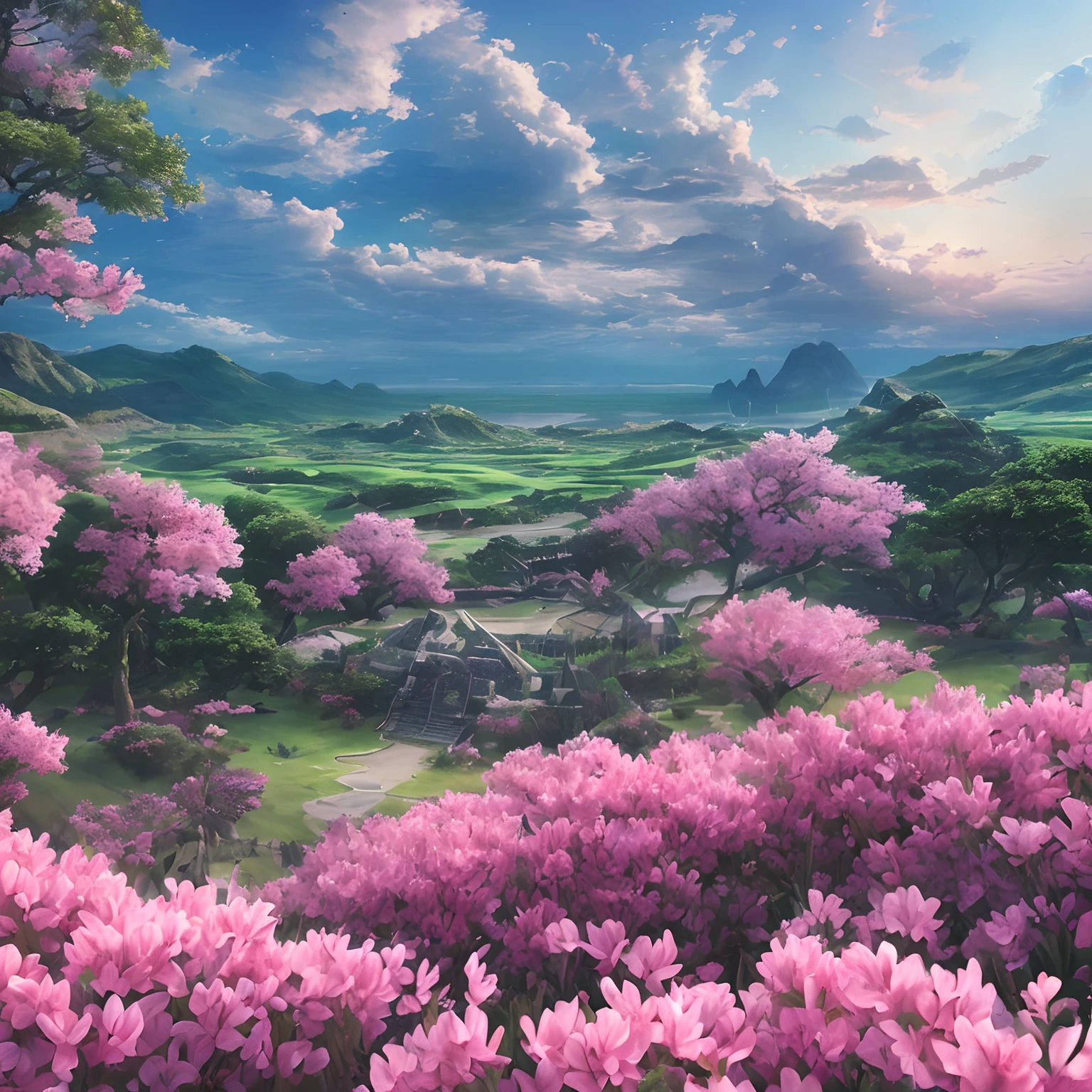 (xenoblade:1.3), Intricate, Highly detailed, art stations, smooth, Sharp, Focus, (Intricate:1.1), (Highly detailed:1.1), landscape, rendering by octane, smooth, Sharp focus, 35mm, (analogue style:1.0), (Photorealistic:1.3), (Clouds:1.1), (dawn:1.1), (Pink flowers), sakura, thatched hut,(Night:1.4), (Ocean:1.2)