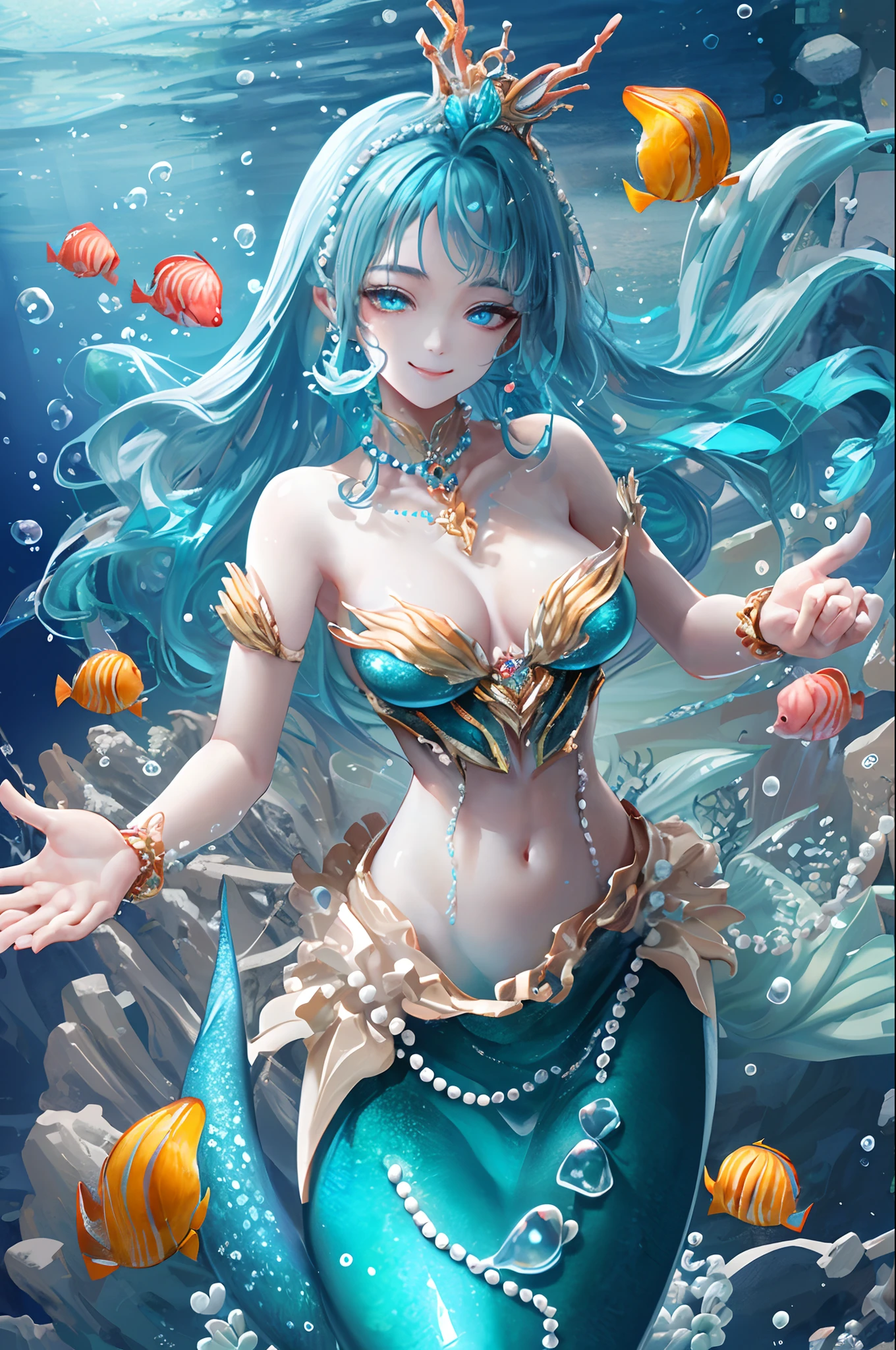 Draw close-up with the face in the center。
Aqua blue hair、Wearing ornaments made of shells, pearls and coral。Aquamarine-like eyes。eyes and small nose,。Breast D cup。With a sly smile、Cute Mermaid。The scene is under the sea。Light shines into the sea、Bubbles glow iridescent。Two arms、Fingers should draw five perfectly。The lower body is single like a fish。Draw as clearly as a high-quality photo。
