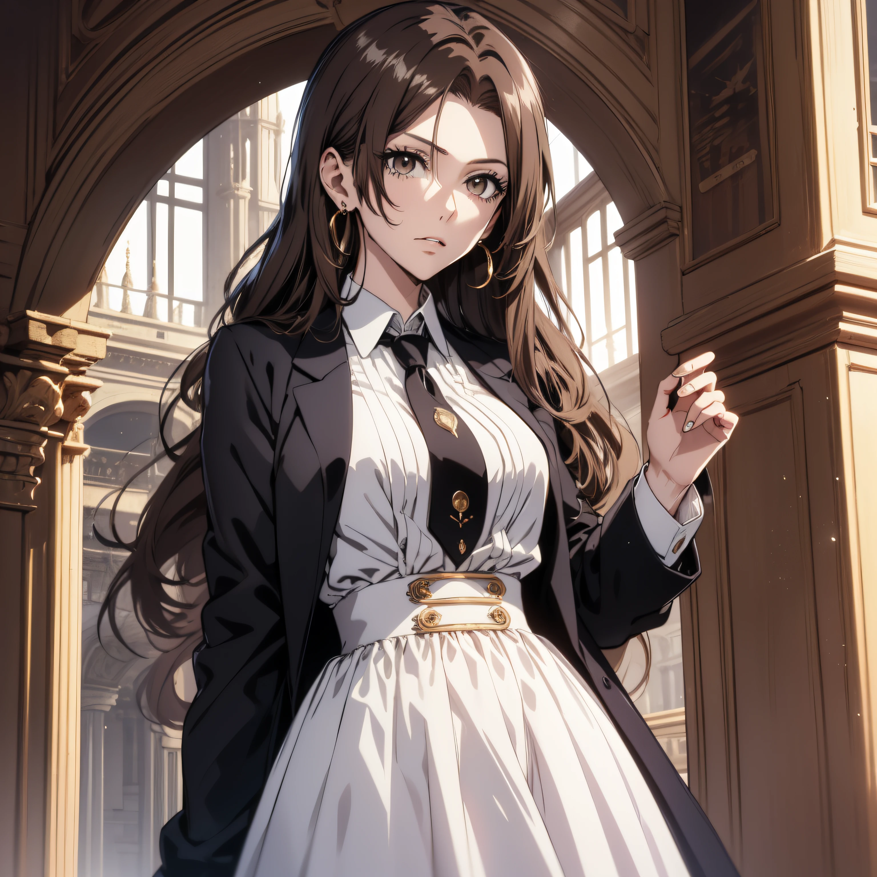 (best quality, masterpiece, ultra-detailed, extremely detailed, highres), (1girl, single, solo), 20 years old Anime girl, brown hair, long raven hair, slightly wavy hair, parted bangs, Magus, brown eyes, diamond earrings, long black coat, necktie, white shirt, black skirt, aristocrat, noble attire, beautiful, ethereal, elegant, prestigious, classic, royal building, magic school