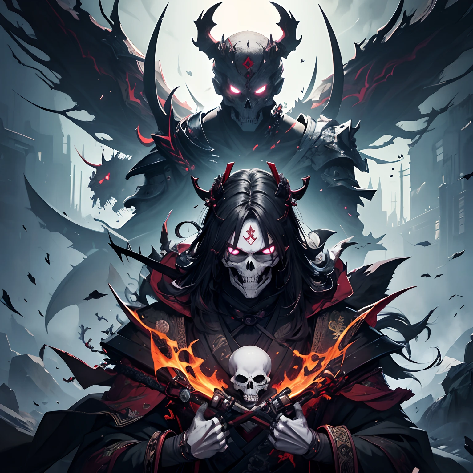 (masterpiece)、Middle aged skeleton man、Samurai spirits、decedent、Dark、Drag into the abyss、the chaos、Character Painting、terrifying、The artwork、、epic exquisite character art、Approaching perfection、art stations、Temple on dark background、
