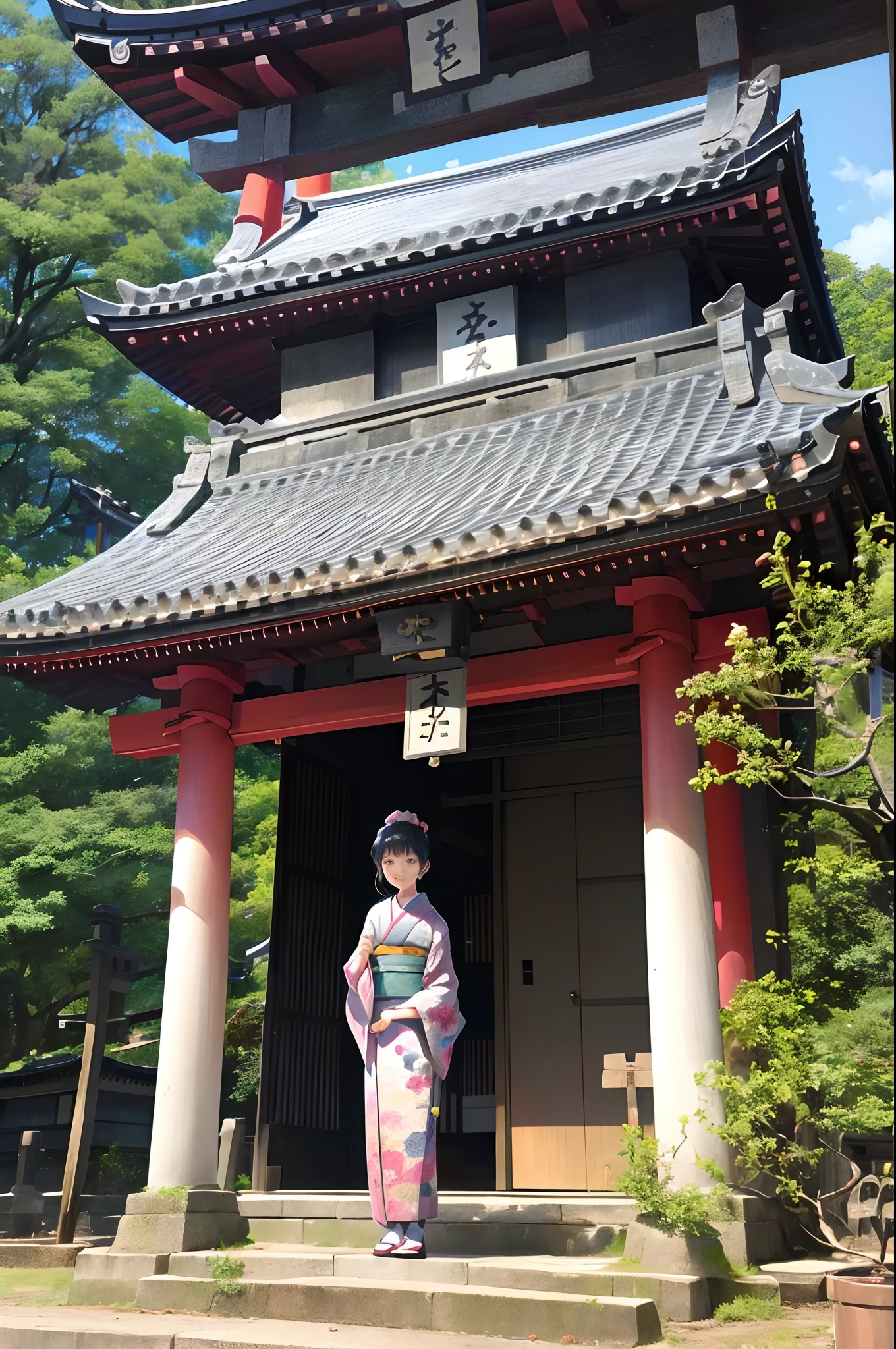 japanese temples、Visiting graves、 Realistic kimono woman、Holding incense sticks、Woman visiting the grave、Raw foto、Photorealsitic、realisitic、absurderes、hight resolution、landscapes、Girl standing in front of Japan temple