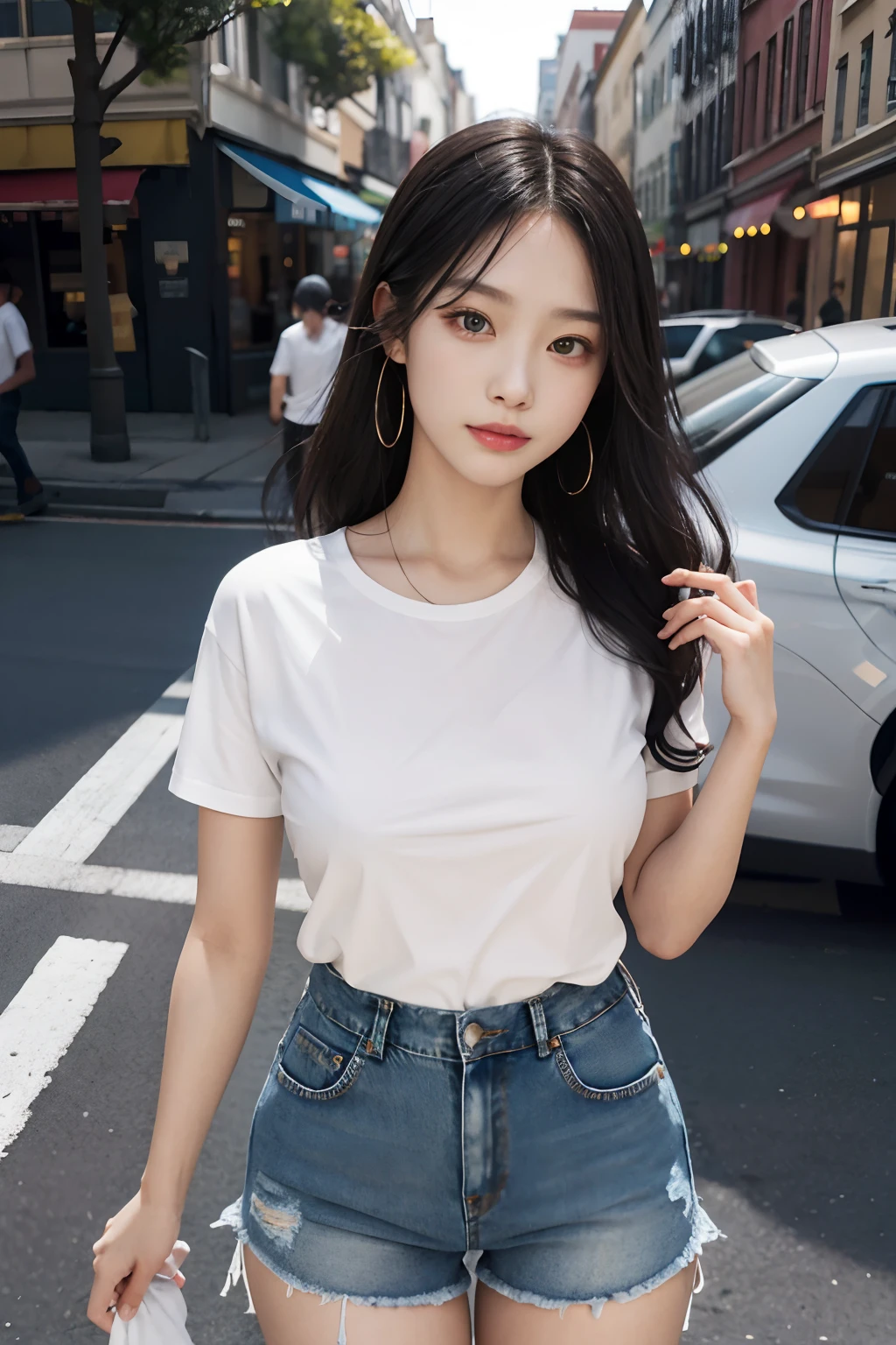 best qualtiy,tmasterpiece,超高分辨率,(realisticlying:1.4),RAW photogr,(Evening Street),1个Giant Breast Girl,黑The eye,long whitr hair,Light makeup,cparted lips,tiny ears,whitet-shirt,denim short,Beautiful Women with Perfect Figure:1.4, (exteriors,beachside:1.1),the city street,Ultra-fine face,Fine eyes,二重まぶた