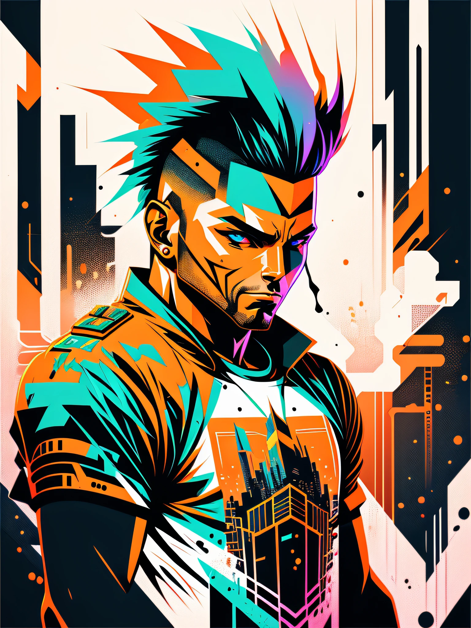 Ready to print vector t-shirt art colorful graffiti illustration of a futuristic soldier, futuristic cyberpunk city background, realistic picture style, image on white background, centered