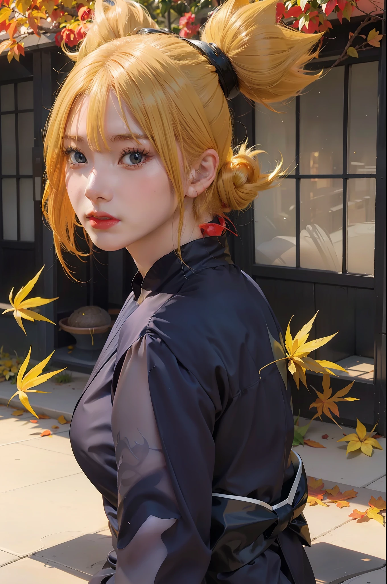 a close up of a person with long hair and a dress sexy, temari, temari from naruto, from naruto, as an anime character, perfect anime face, she has yellow hair with bangs, female anime character, anime character, anime best girl, hime cut hairstyle, yellow hair, (red glossy lips:1.3), blue eyes, very big breasts, realistic, ultra detail, outdoor background