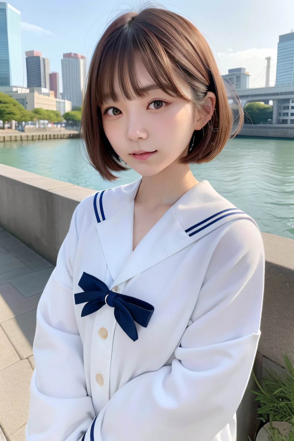 20-year-old Japan woman in 4K video production with the highest quality. She should wear a sailor suit , She has a pretty face with brown eyes. You need to draw the upper body of the model, Features a brown bob hairstyle. She should be looking at the viewer with a smile. The background should depict the cityscape.