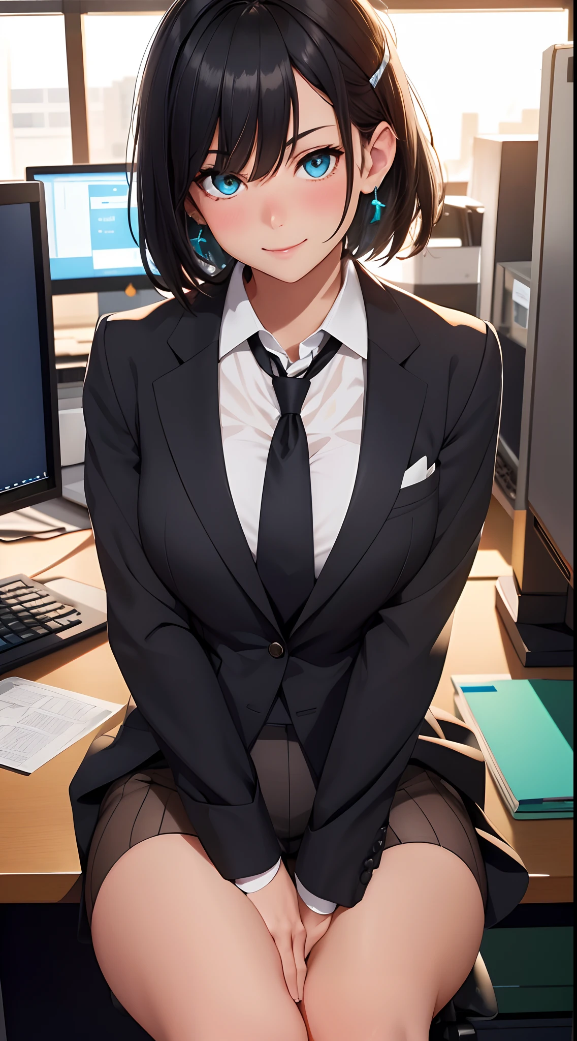 (RAW, best quality, masterpiece:1.5), (photo realistic, intricate details:1.2), ultra highres, absurdres,
1girl, beautiful face, blue eyes, green eyes, detalied eyes, symmetric eyes, light on face, nose blush, short hair, hair bun, black hair tie, 
clk, vest, suit, pencil miniskirt, white shirt, silk scarf, black pantyhose, [:20d, :0.8],
smile, small dimples, sexually suggestive, 
medium breasts, slim waist, slim legs, long legs,
sitting on chair in front of desk, perfect body, good proportions,
looking at viewer, 
(office, indoor, hyper detailed background:1.2), japan, copy machine, file cabinet, computer, monitor,
shiny skin, real skin texture, 
natural lighting, best lighting, detailed background, detailed shadow, sharp focus, depth of field f/2,
saturated, high contrast, strong light and shadow