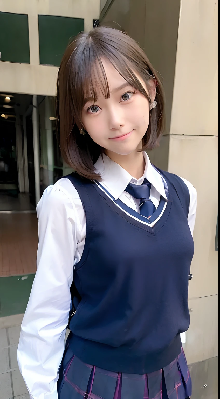 (school uniform:1.5), (photorealistic:1.4), (best quality:1.0), (ultra highres:1.0), 8k, RAW photo, (masterpiece:0.2), ultra-detailed, close short, 1girl, beautiful skin, detailed skin, looking at viewer, full body, (short hair:1), smile, (closed mouth:1)