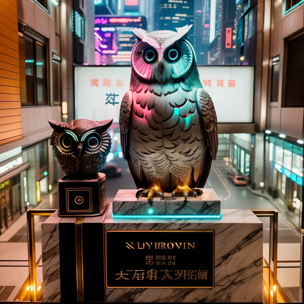 Cyberpunk cityscape with owls and stone statues。Neon lights shine、a person々comes and goes。With detailed and detailed depictions、I would like the highest quality 8K image。Create a cinematic atmosphere with sharp bokeh。Stay tuned for portrait-style works that incorporate afterimages and time-lapse effects。