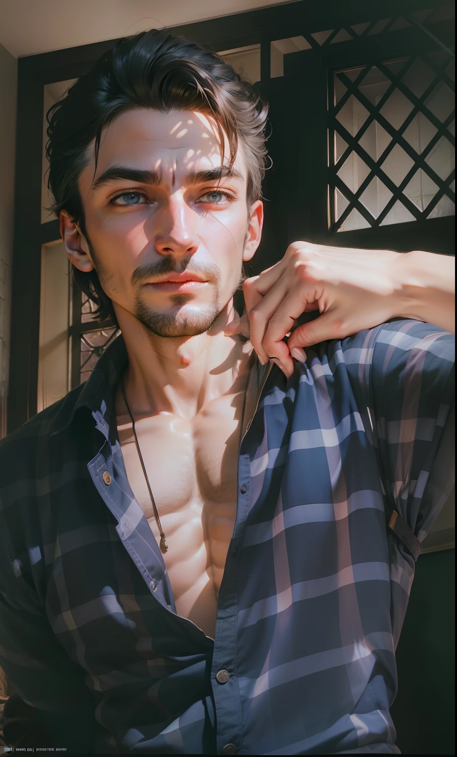 "In a dimly lit room, a man stands in front of a window, casting long shadows on the floor. The room is filled with a sense of mystery and intrigue. The man's features are sharp and defined, his expression filled with determination. The room is decorated with vintage furniture, adding to the atmosphere of nostalgia. The sunlight streams in through the window, creating a beautiful play of light and shadow. The scene is captured in stunning full HD resolution, allowing for every detail to be appreciated."