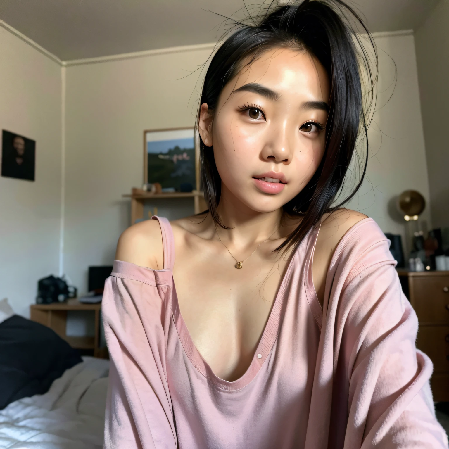 A portrait of beautiful korean sukiluser in her messy bedroom (1girl), gorgeous face, cute expression, realistic skin, short straight hair, photorealistic, selfie, tumblr photoshoot, instagram girl, masterpiece, best quality, detailed background