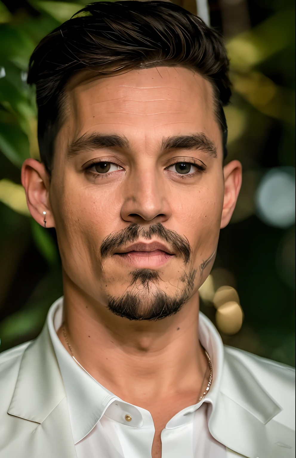 masterpiece, johnny depp walking through jungle at night among fireflies, (high detail:1 1), rough face, natural skin, high quality, nsfw, beautiful eyes, (detailed face and eyes), (face: 1 2), noise, extra, real photo, PSD, lamp film photography, sharp focus, contrast lighting, detailed skin, high resolution 8k, crazy detail, realistic, professional photography, 8k UHD, SLR camera, soft lighting, high quality, film grain, Fujifilm XT3