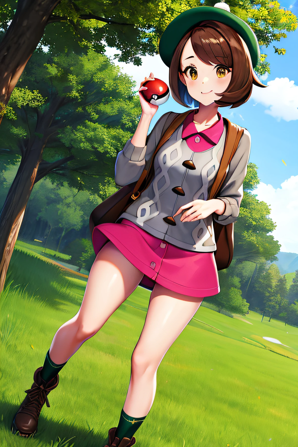 masterpiece, best quality, highres, gloria1, 1girl, gloria \(pokemon\), poke ball \(basic\), brown hair, solo, holding poke ball, backpack, brown eyes, tam o' shanter, grey cardigan, pink dress, short hair, green socks, socks, brown bag, bob cut, bangs, long sleeves, collared dress, field, grass, full body, boots,