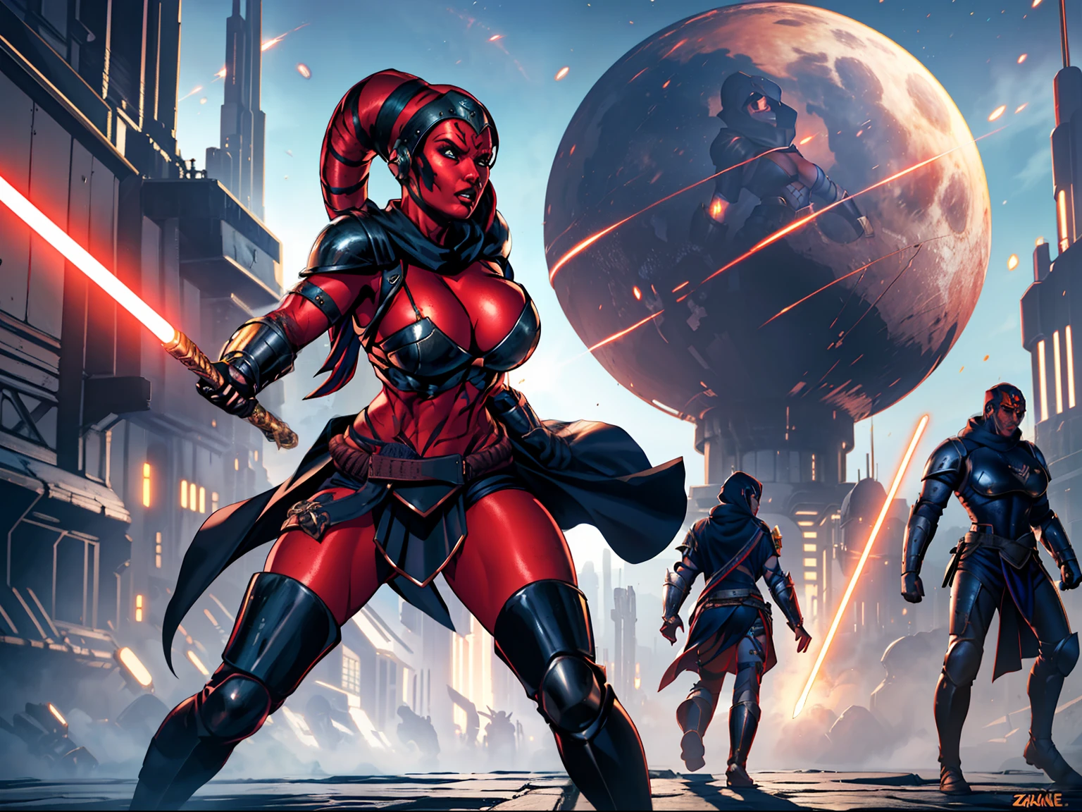 running, raised fist, violence, leaping, sword fighting, lasers, explosions, action scene, fighting, masterpiece, best quality, high-definition, armor, busty, ((red skin), twi'lek), dual red lightsabers, evil space knight, space ninja, (wearing black robes, black stealth armor, breastplate, tunic, tabard, cowl, cloak, body glove, straps, buckles, skirts, long sleeves, fantasy, ((armor))), ((busty), slender body, thin, slim sexy body, slim waist, huge breasts), Imperial starship, Star Wars, futuristic city, warzone