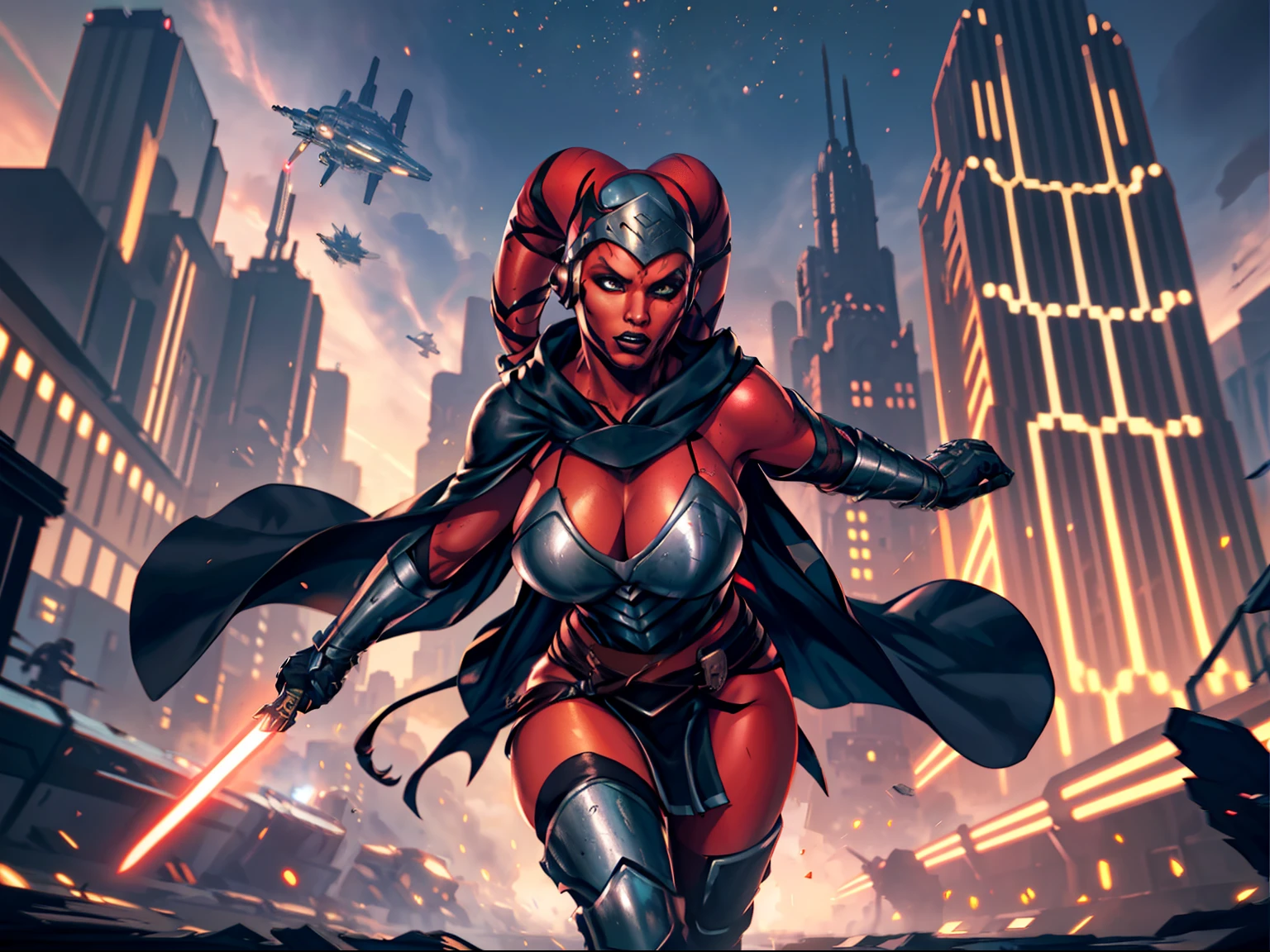 running, raised fist, violence, leaping, sword fighting, lasers, explosions, action scene, fighting, masterpiece, best quality, high-definition, armor, busty, ((red skin), twi'lek), dual red lightsabers, evil space knight, space ninja, (wearing black robes, black stealth armor, breastplate, tunic, tabard, cowl, cloak, body glove, straps, buckles, skirts, long sleeves, fantasy, ((armor))), ((busty), slender body, thin, slim sexy body, slim waist, huge breasts), Imperial starship, Star Wars, futuristic city, warzone