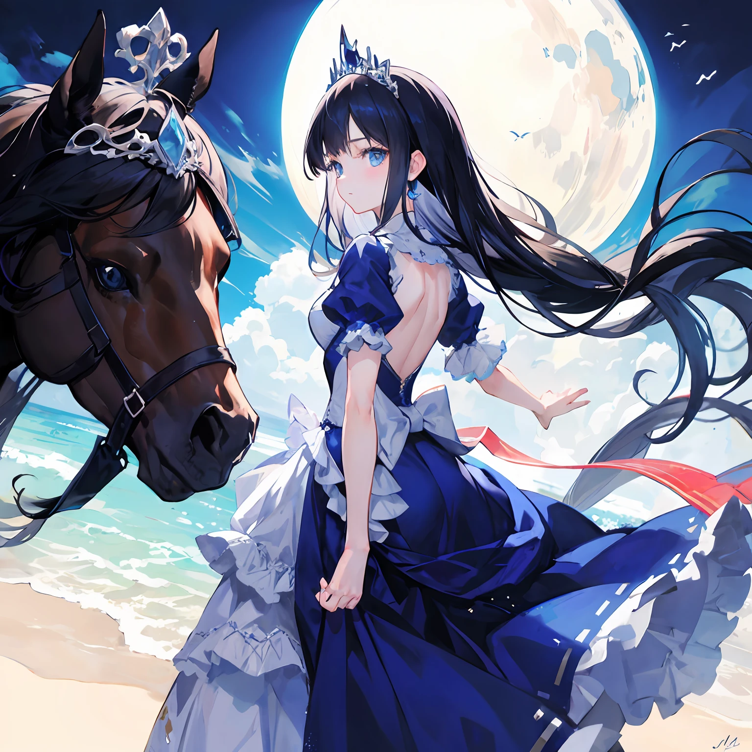 from side,backlight,jumping,horse,princess,tiara,blue eyes,black hair,long hair,blue and white dress