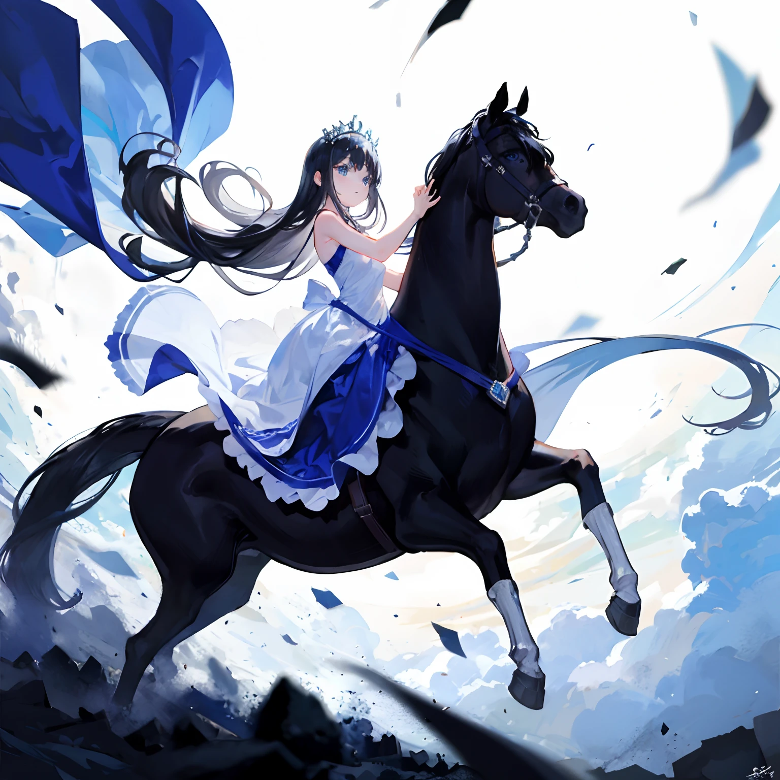 from side,backlight,jumping,horse,princess,tiara,blue eyes,black hair,long hair,blue and white dress