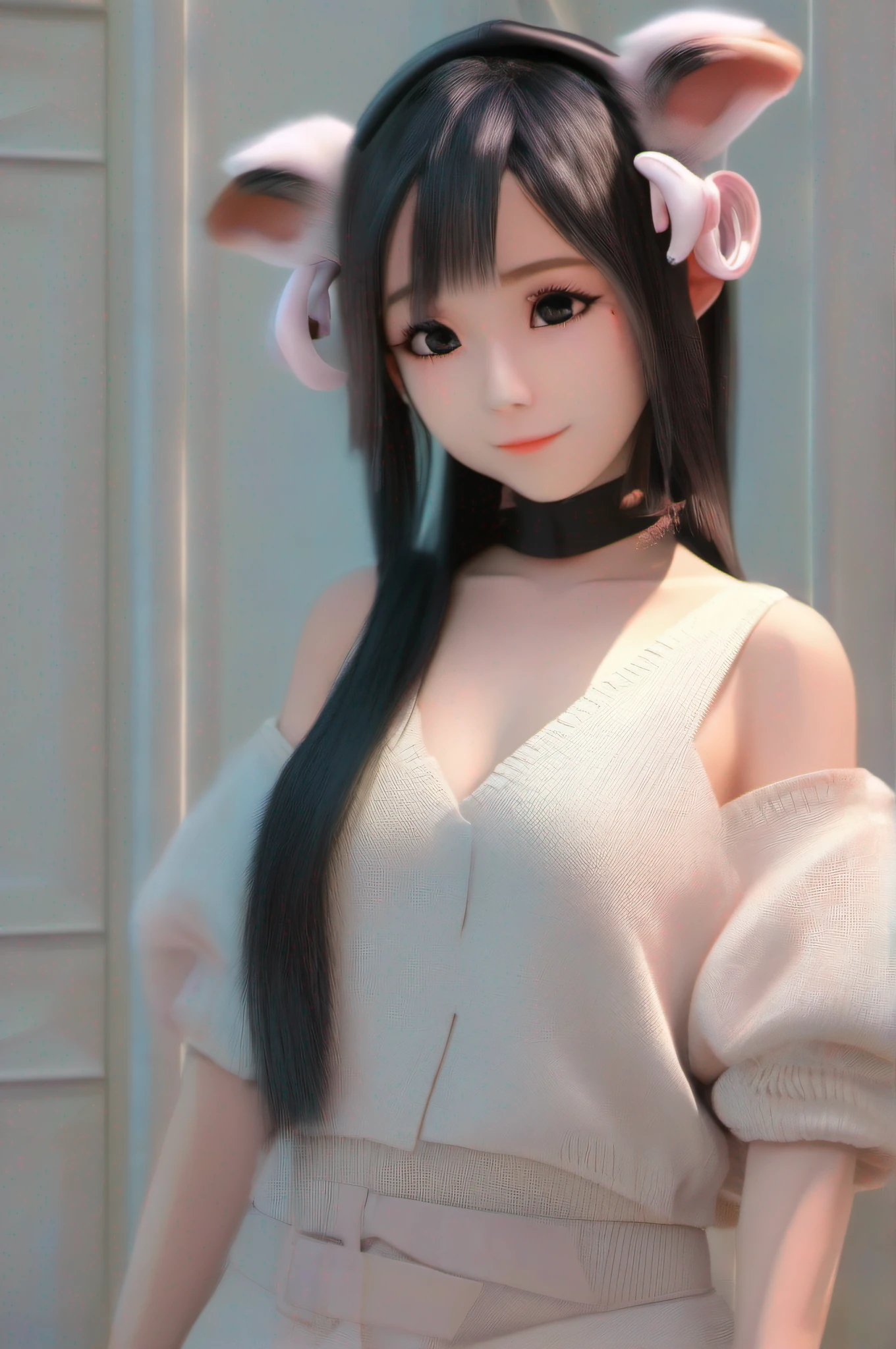 black hair, hair bobbles, wince, longeyelashes, solid circle eyes, fake animal ears, light smile, ear blush, fang, light smile, Surrealism, drop shadow, anaglyph, stereogram, tachi-e, pov, atmospheric perspective, 8k, super detail, ccurate, best quality, anatomically correct