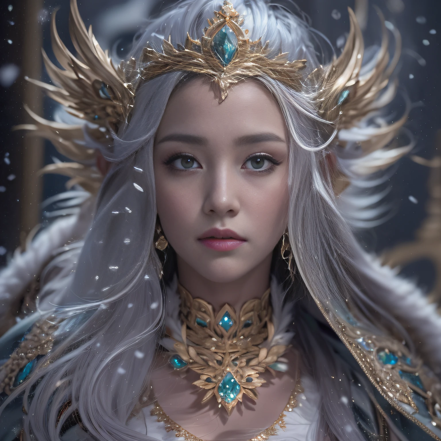 16k(tmasterpiece,k hd,hyper HD,16k)short detailed hair,Gold jewelry area in the back room,King Girl ,Silver Dragon Protector (realisticlying:1.4),Python pattern robe,Purple-pink tiara,Snowflakes fluttering,The background is pure,Hold your head high,Be proud,The nostrils look at people, A high resolution, the detail, RAW photogr, Sharp Re, Nikon D850 Film Stock Photo by Jefferies Lee 4 Kodak Portra 400 Camera F1.6 shots, Rich colors, ultra-realistic vivid textures, Dramatic lighting, Unreal Engine Art Station Trend, cinestir 800,Hold your head high,Be proud,The nostrils look at people