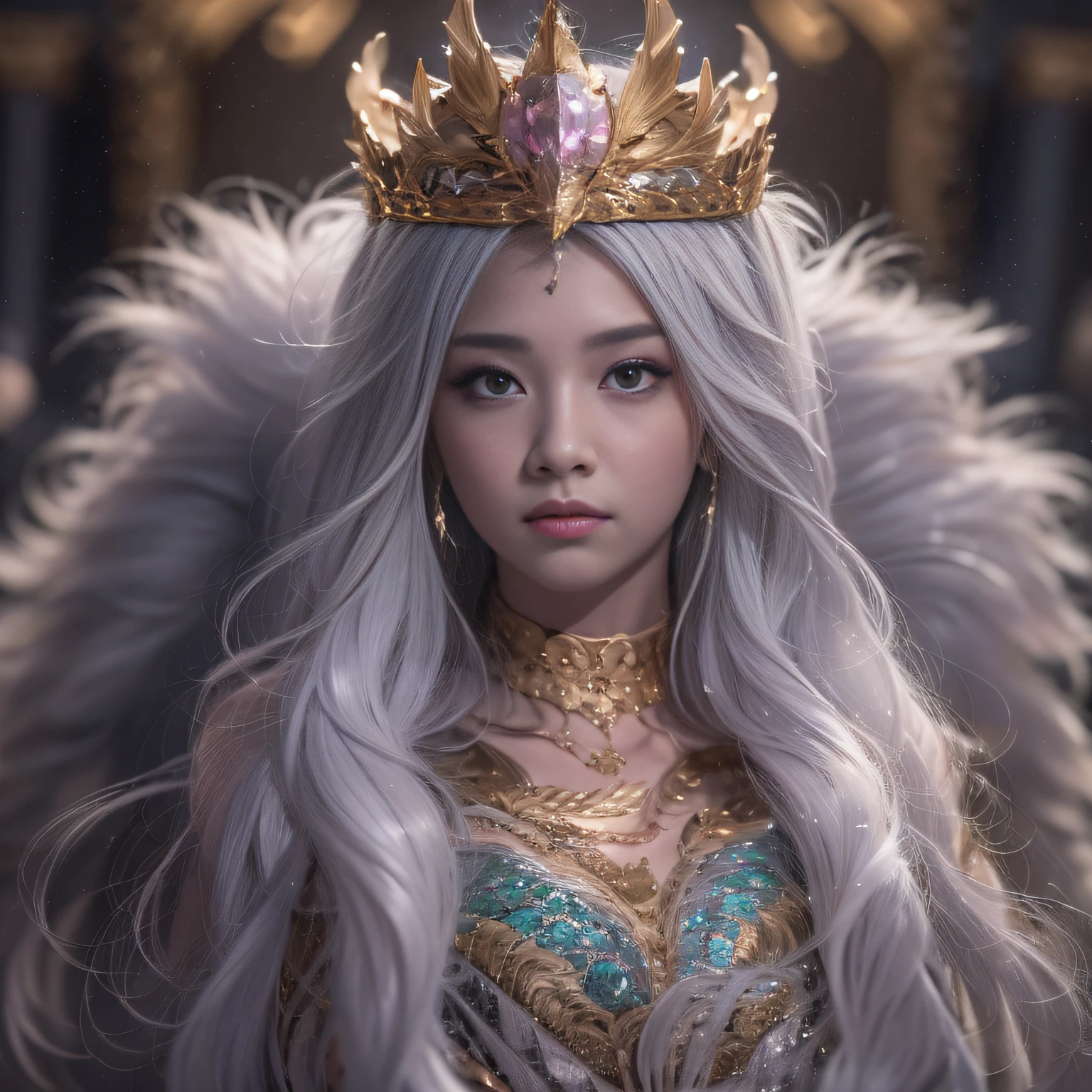 16k(tmasterpiece,k hd,hyper HD,16k)short detailed hair,Gold jewelry area in the back room,King Girl ,Silver Dragon Protector (realisticlying:1.4),Python pattern robe,Purple-pink tiara,Snowflakes fluttering,The background is pure,Hold your head high,Be proud,The nostrils look at people, A high resolution, the detail, RAW photogr, Sharp Re, Nikon D850 Film Stock Photo by Jefferies Lee 4 Kodak Portra 400 Camera F1.6 shots, Rich colors, ultra-realistic vivid textures, Dramatic lighting, Unreal Engine Art Station Trend, cinestir 800,Hold your head high,Be proud,The nostrils look at people