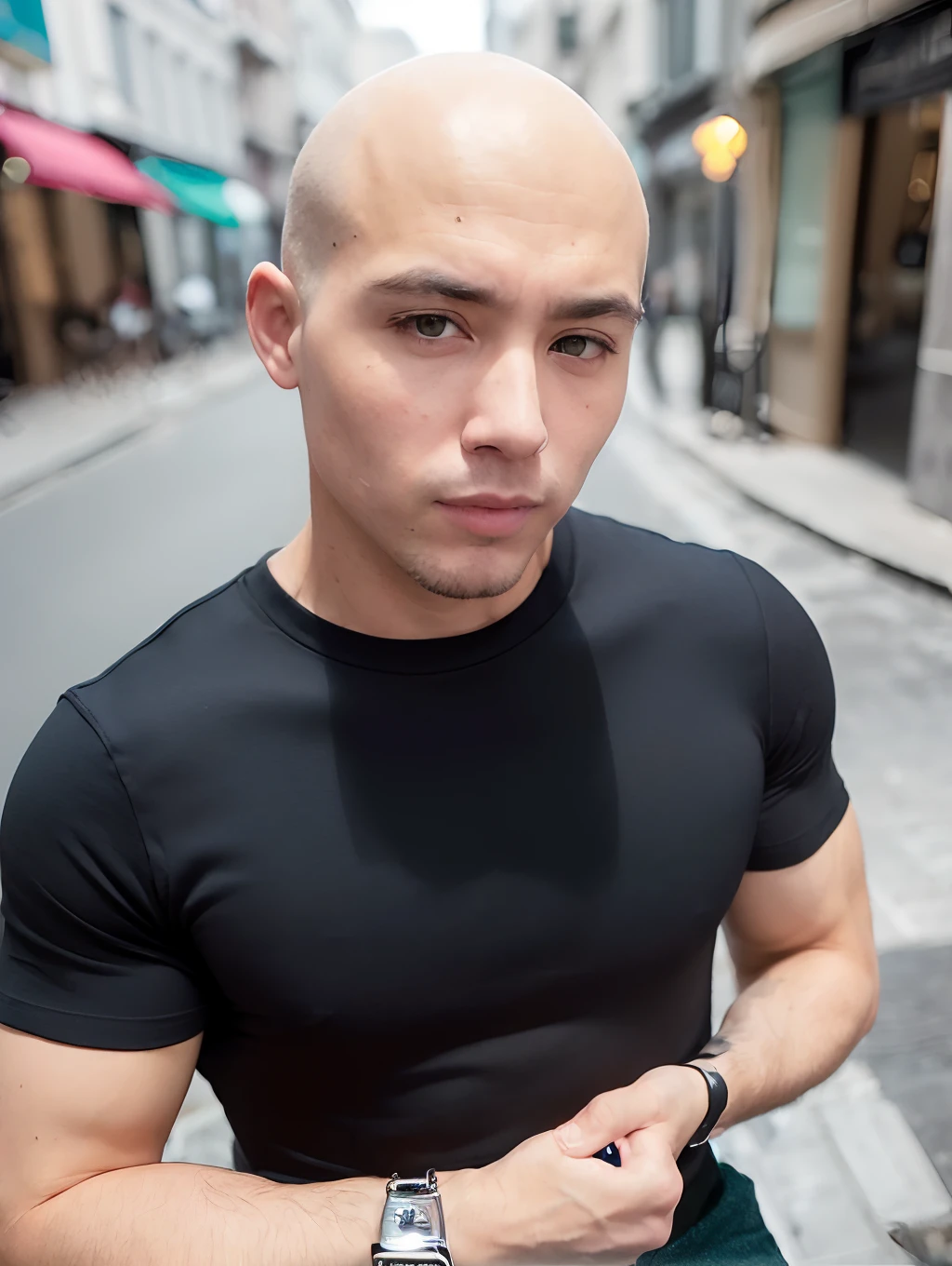 ((best qualtiy, 8K, tmasterpiece:1.3)), ),Focus:1.2, Perfect body man:1.4, Cocked buttocks:1.2, ((bald-headed:1.2)), , (darkStreet:1.3), Highly detailed facial and skin texture, A detailed eye, 二重まぶた,Whiten skin,long whitr hair,(with a round face:1.5),(short- sleeved,shorter pants:1.6)