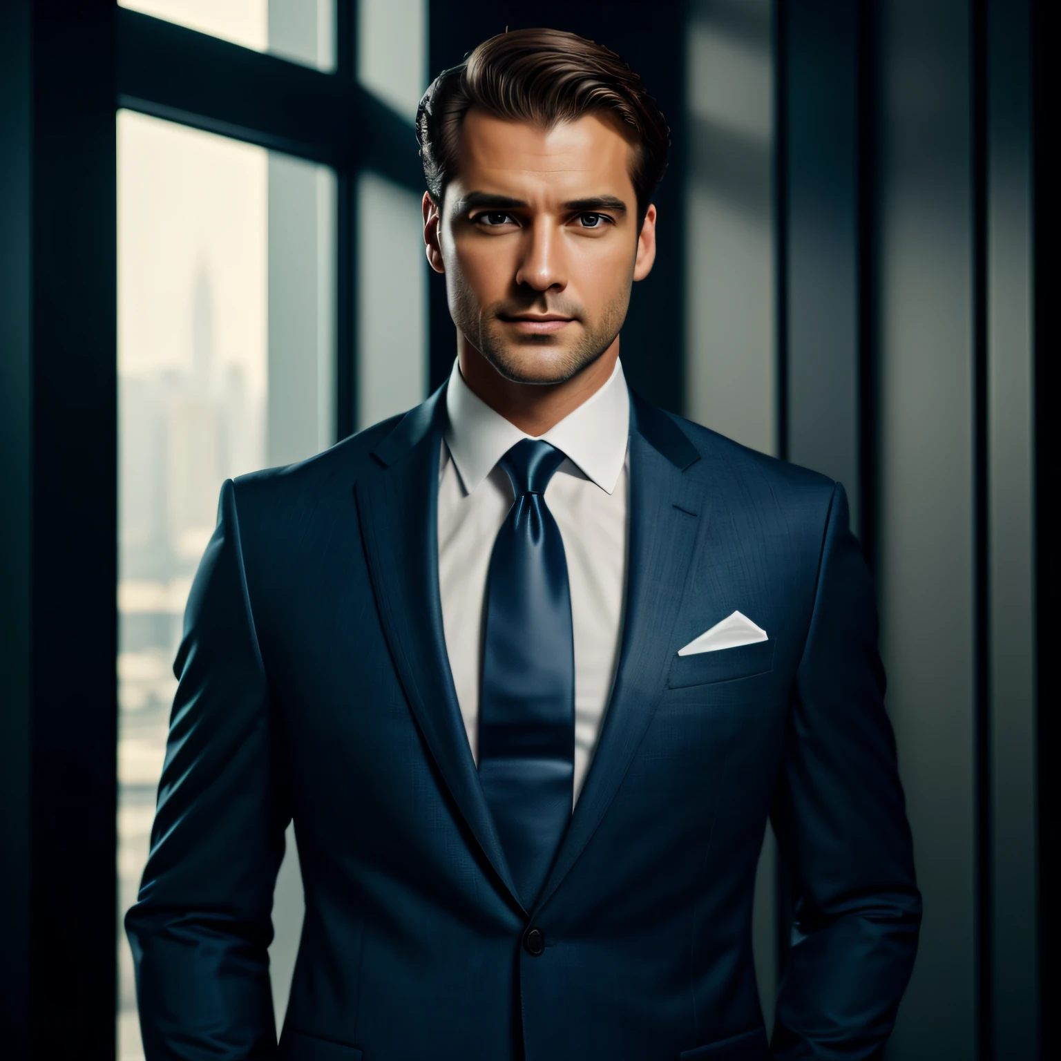 a Man standing with 30 years in suit and tie, body and head straight in the photo, facing the viewer of the photo, eyes fixed to the lens, appears shoulders and head in the photo, man centered in the photo, 8k, best quality, masterpiece, realistic, realistic photo, movie photo, ultra realistic, 1 person, detailed, perfect lighting, DSRL, professional photo, 4k