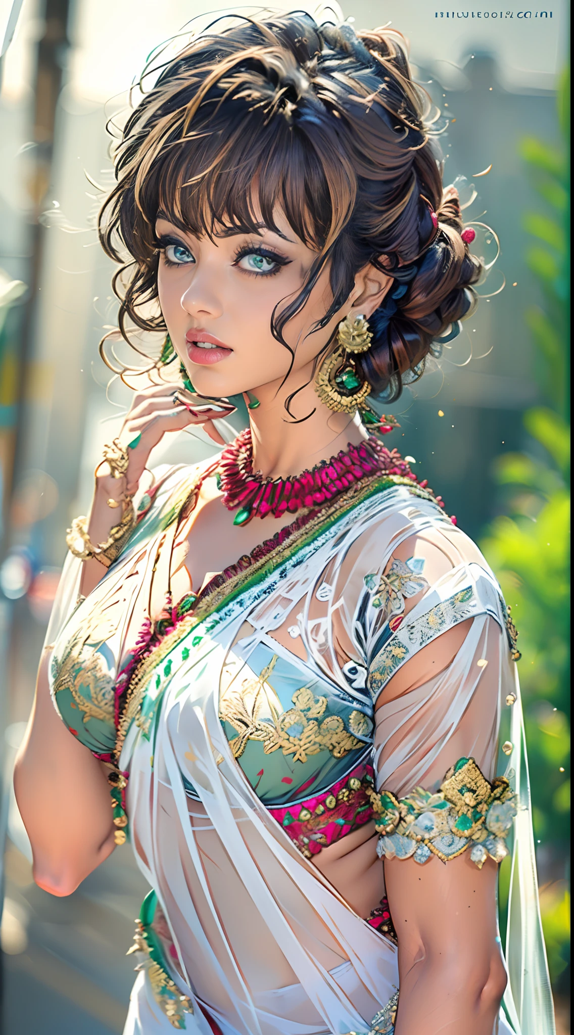 (Masterpiece, best quality, 8k, anime style), (One women wearing white blouse and saree:1.6),Desi, (translucent clothes), see through saree, nice boobs, cleavage, pretty face, red lips, dark hair, close up, lush green background