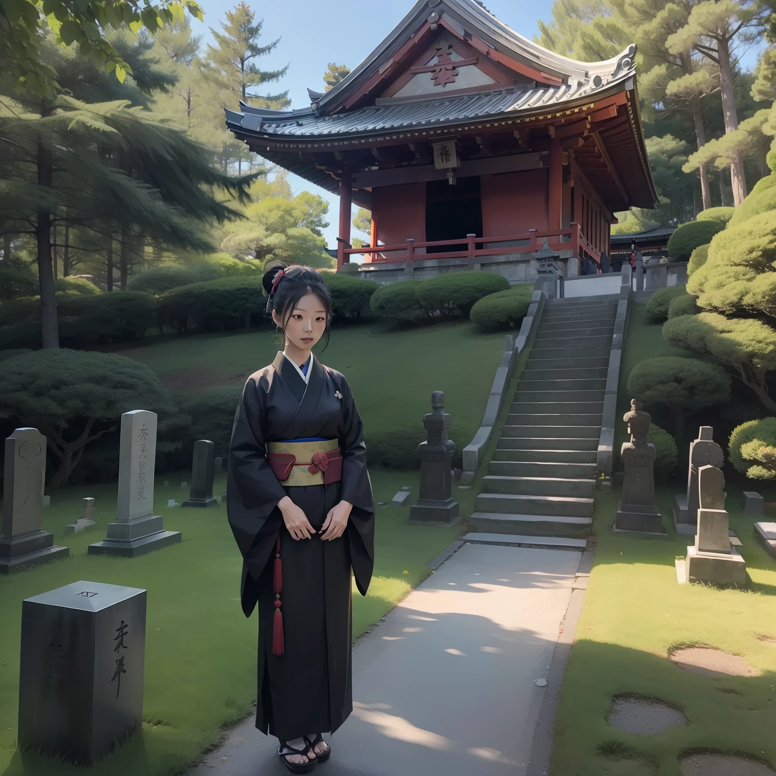 japanese temples、Visiting graves、 Realistic kimono woman、Holding incense sticks、Woman visiting the grave、Raw foto、Photorealsitic、realisitic、absurderes、hight resolution、landscapes、Woman Standing in Front of Grave