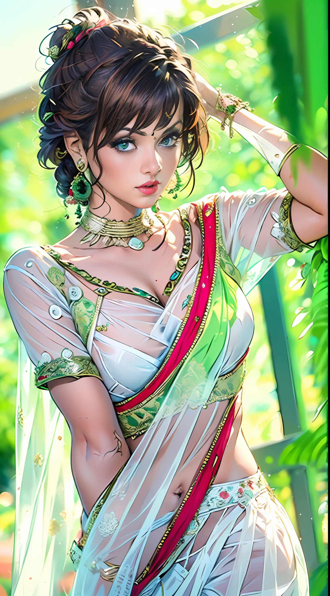 (Masterpiece, best quality, 8k, anime style), (One women wearing white blouse and saree:1.6),Desi, (translucent clothes), see through saree, nice boobs, cleavage, pretty face, red lips, dark hair, close up, lush green background