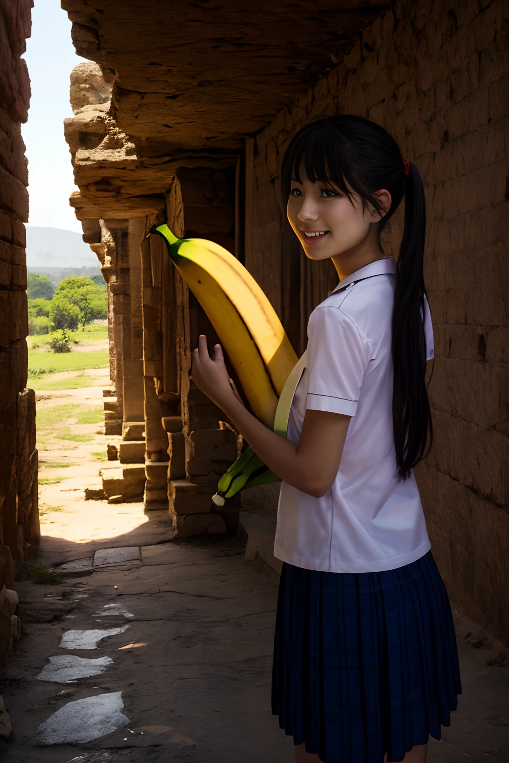 The existence of the banana is proof of God.　There is an elementary school woman holding up a large banana and declaring、She is full of confidence and、We are convinced that bananas prove the existence of God。in Samargand、Ancient ruins can be seen in the distance、There is a modern city