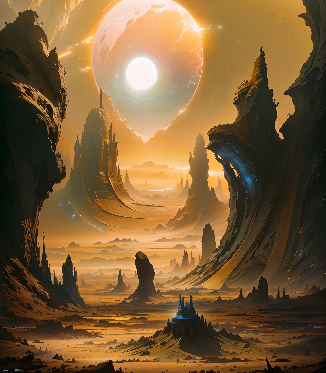 There is a painting of a desert with a giant star in the sky, dentro de um planeta de outro mundo, beautiful alien landscape, Greg Beeple, epic fantasy sci fi illustration, Amazing alien landscape, Inspirado em Tomasz Alen Kopera, pintura de fantasia scifi fosca, stunning alien landscape, alien landscape, Beeple e Tim Hildebrandt, a view of alien landscape