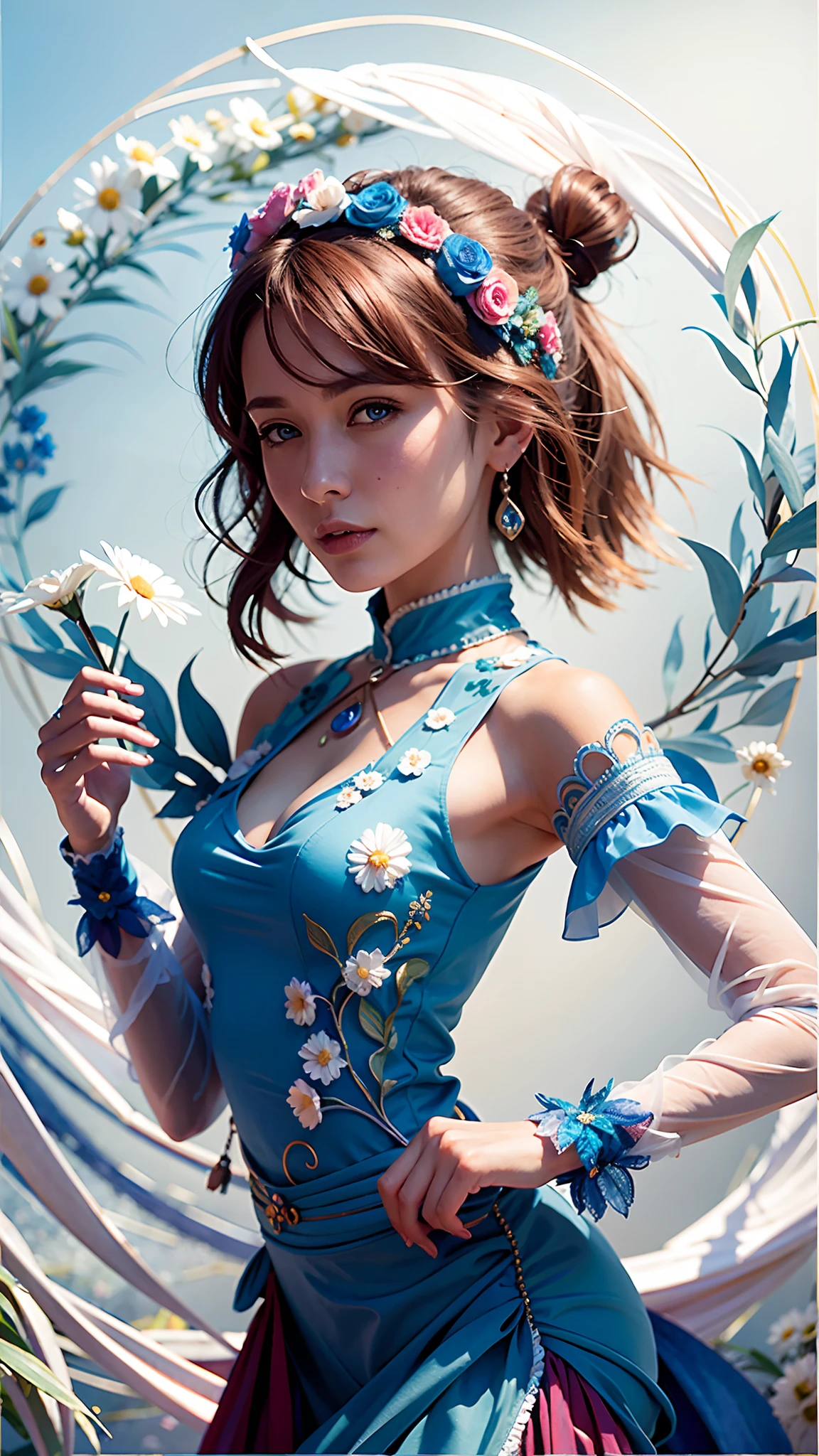 A woman in a blue dress holds a flower in her hand,The background is a circle of fantasy art,a detailed painting,Fantasyart,Stanley Artemlow,Artesm