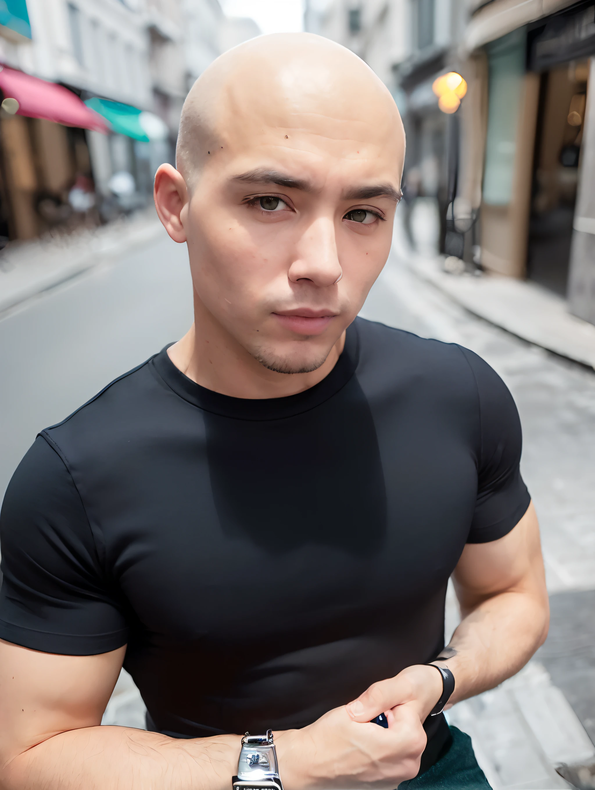 ((best qualtiy, 8K, tmasterpiece:1.3)), ),Focus:1.2, Perfect body man:1.4, Cocked buttocks:1.2, ((bald-headed:1.2)), , (darkStreet:1.3), Highly detailed facial and skin texture, A detailed eye, 二重まぶた,Whiten skin,long whitr hair,(with a round face:1.5),(short- sleeved,shorter pants:1.6)