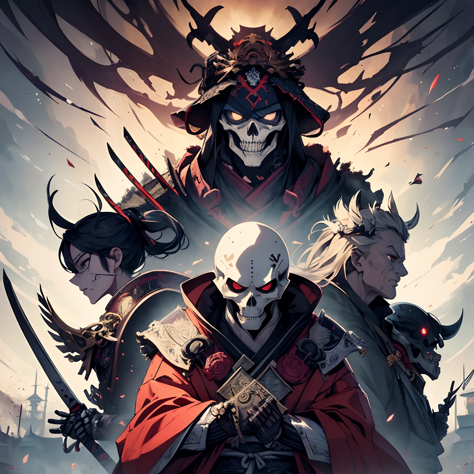 （​masterpiece)、Cool middle-aged skeleton man、Samurai spirits、Character Painting、terrifying、The artwork、、epic exquisite character art、Approaching perfection、art  stations、The background is a world you've never seen before