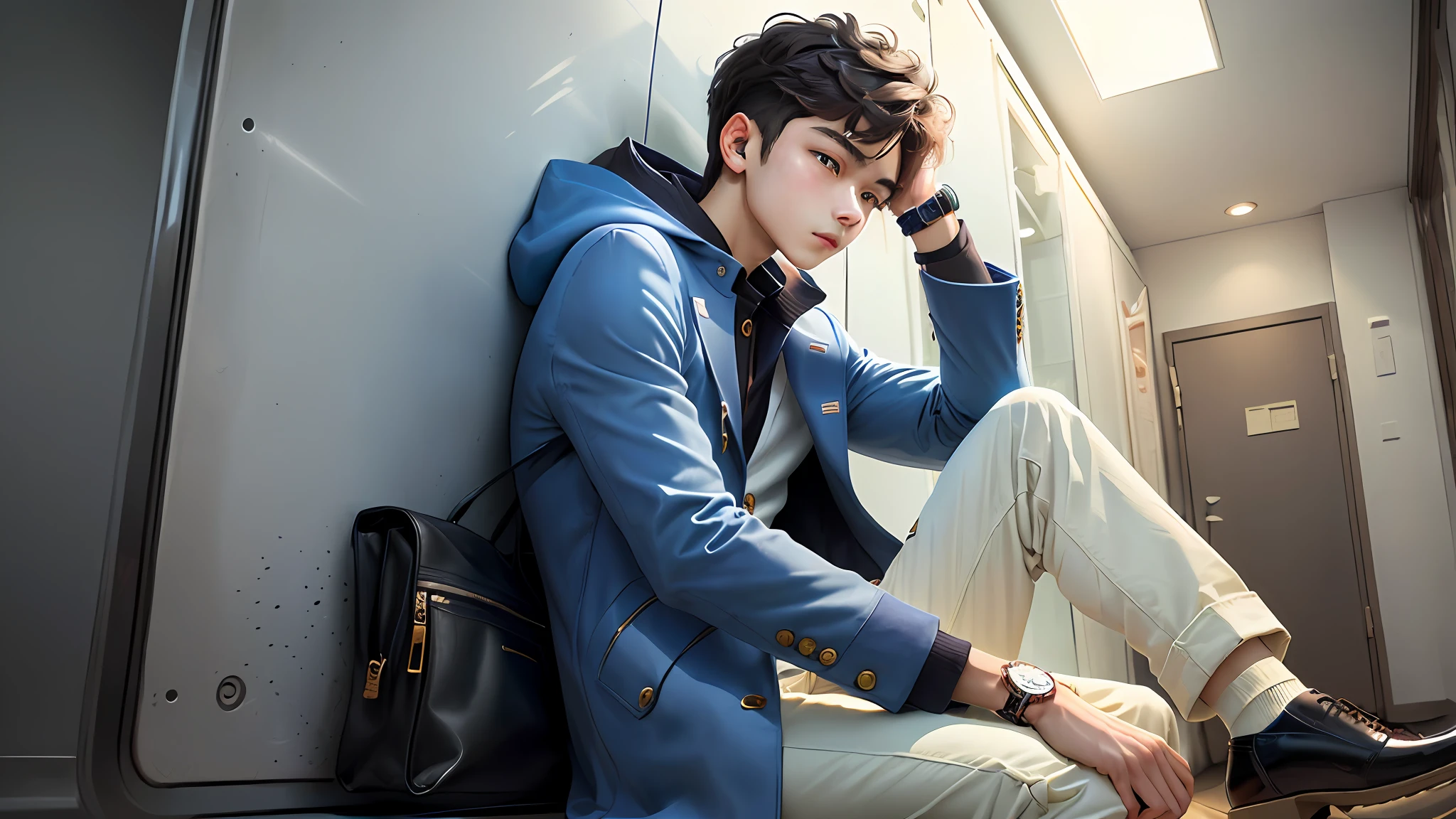 A boy with Nave blue coat with white chinos and white shirt. Brown shoes. And black metallic watch