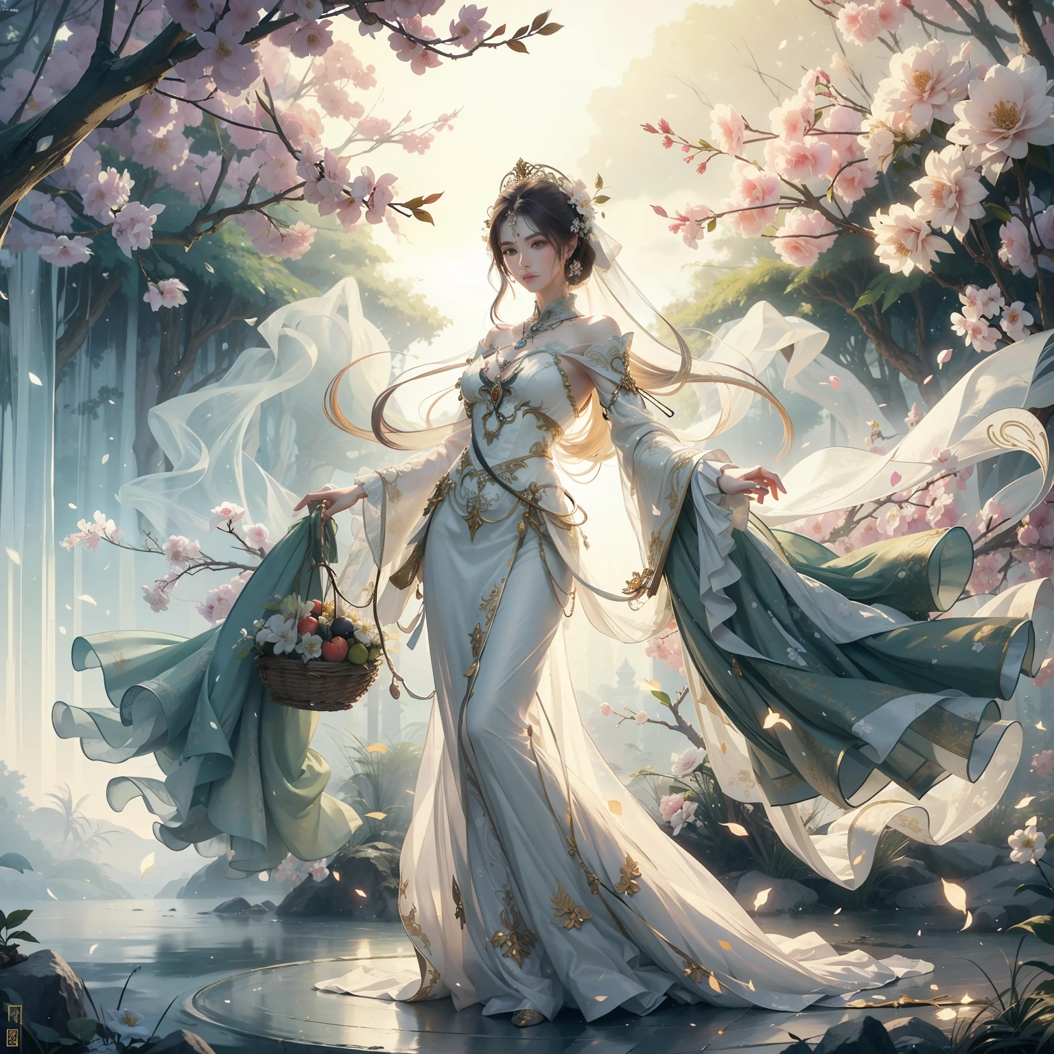 tmasterpiece,A high resolution,White skin and beautiful appearance,Elegant long legs,Ancient maidean aristocratic costumes,Fine jewelry,Light yarn flowing,Flowers bloom,Verdant trees,Attractive fruit,Beautiful scenery。