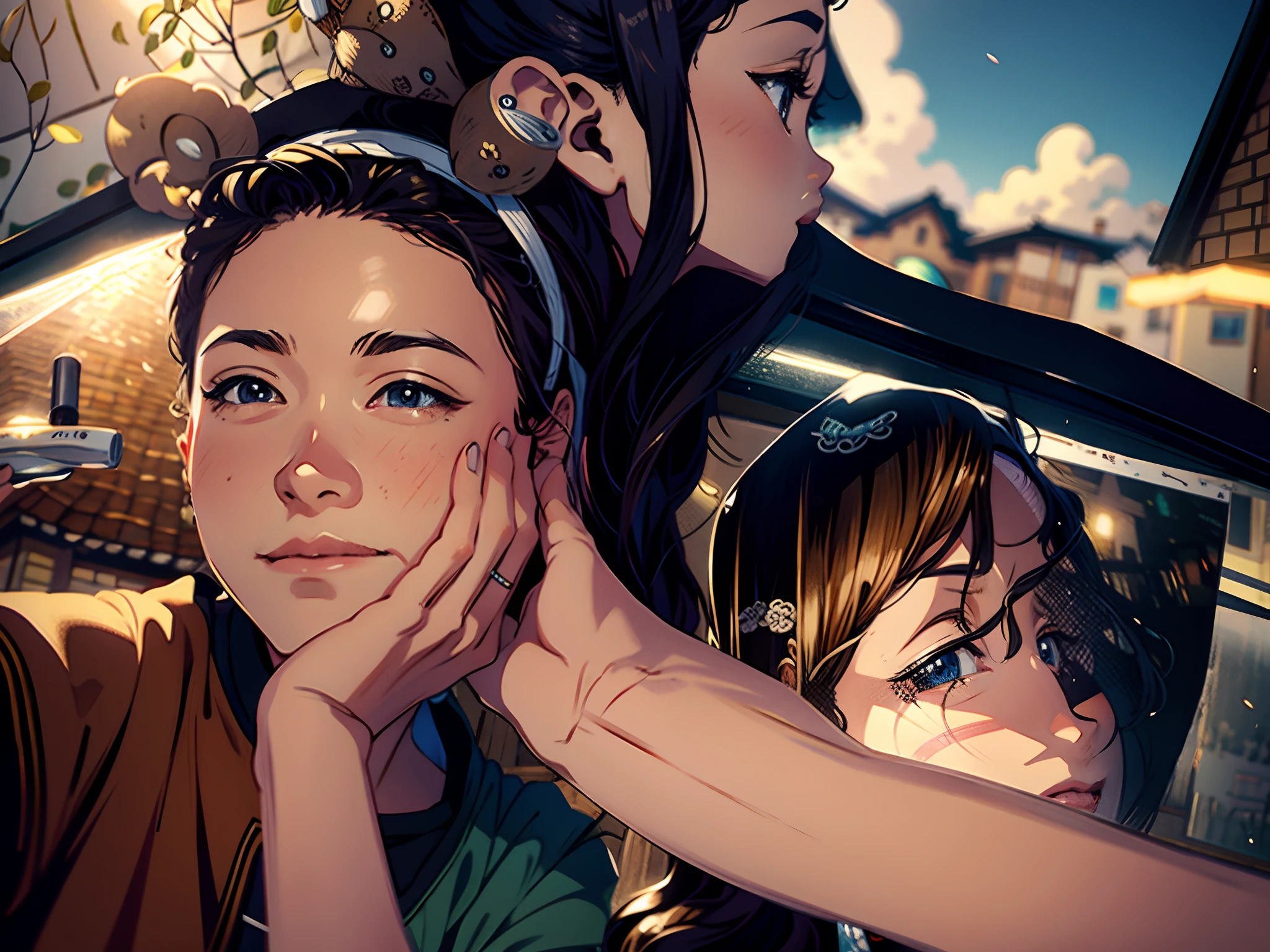 detailed realistic anime illustration of a cozy rustic village in a grand meadow