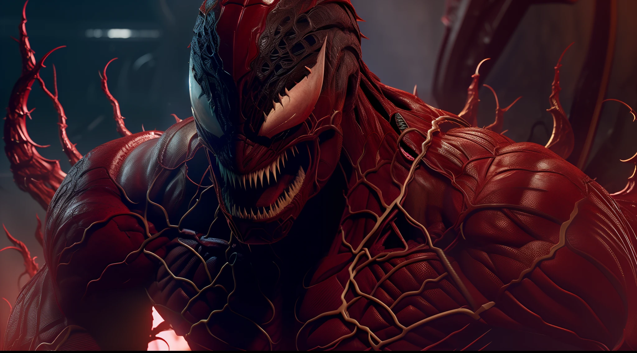 Carnage (Marvel), standard body, rough black skin, sharp teeth, evil smile, beautiful, cool, intricate details, sci-fi, 8K.