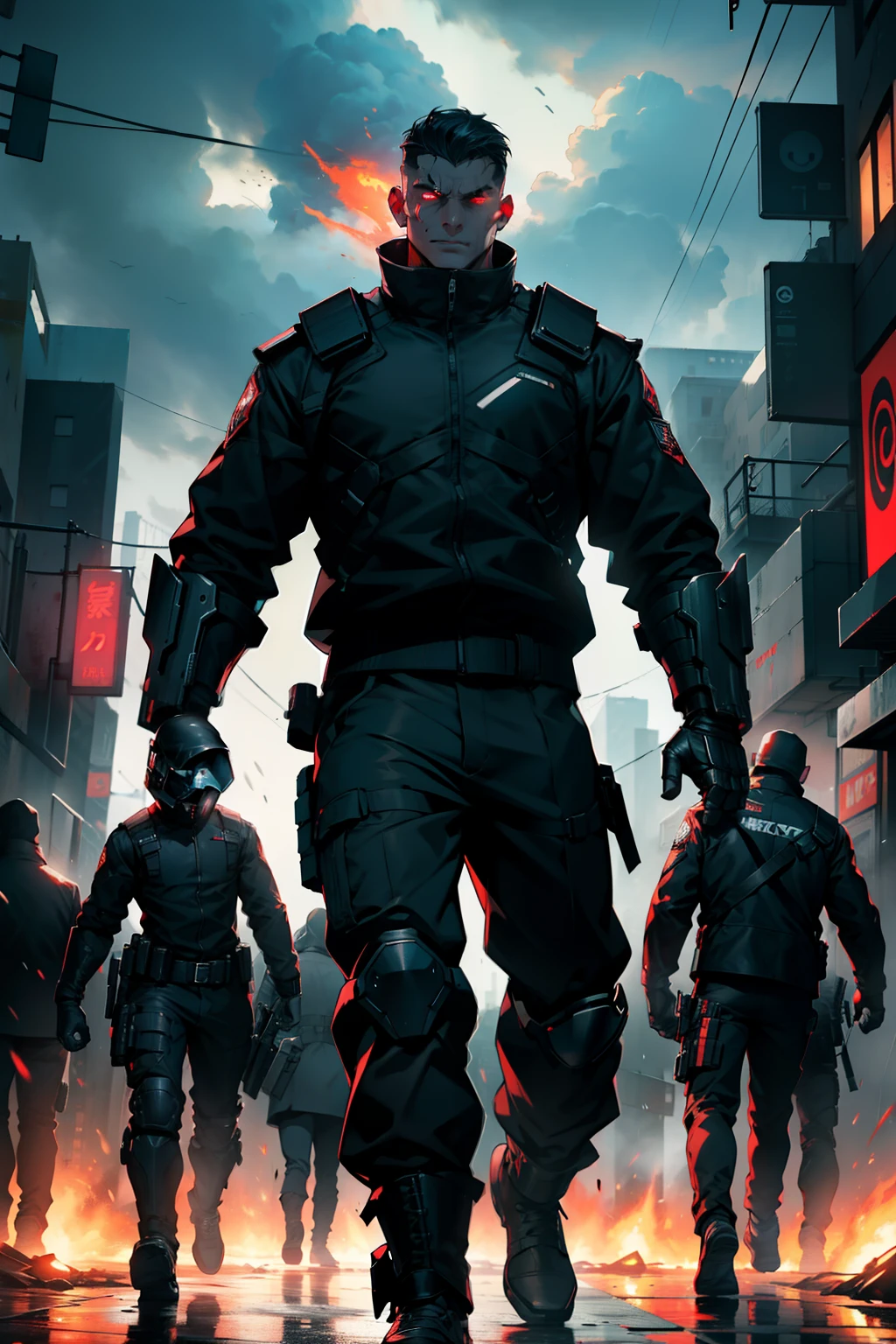 5_androids_rioting_on_the_street_scary_atmospher, Riot shields, intricate pattern, heavy metal, energy lines, faceless, glowing eyes, intense, blood red and black uniform, NEW ERA Poster, modern, city, streets, dynamic poses, dynamic angle, dark clouds, thunderstorm, heavy rain, dramatic lighting, fire, chaos, ultra-detailed, 8k