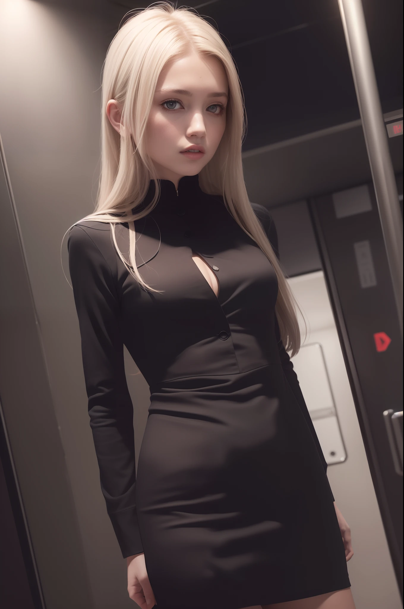 1girl, solo, brown eyes, white hair, (HP: 1), walking in a dark subway car, (surrounded by many people: 1.2), crowd, full body, (uniform: 1.5), dullyarts, damaged background details ,eye details,(The Last Survivor\), (realism:1.4),official art,unreal 8k wallpaper,ultra-detailed,horror unique,masterpiece,best quality,(dynamic angle:1.4),(dark and elegant Lighting: 1.2), calm, dim colors, horror, horror style, medium chest, no panties